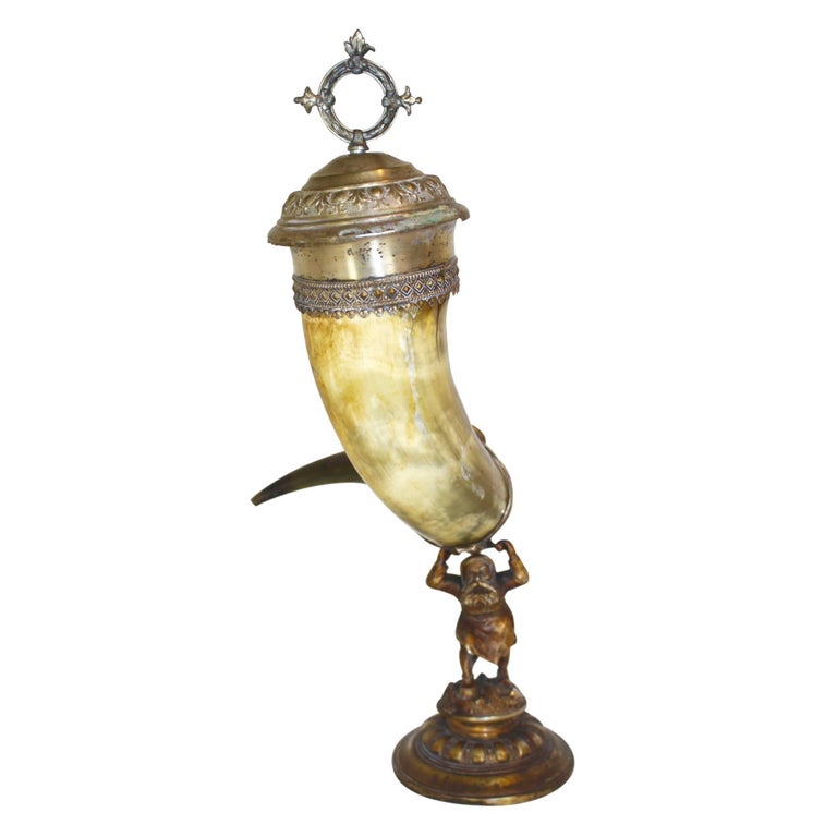 German WMF Silver Hunt Drinking Horn with Lid, circa 1880 at 1stDibs