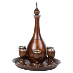 Juego alemán de decantador de madera y plata con copas de Gebrüder Kühn, Siglo XIX