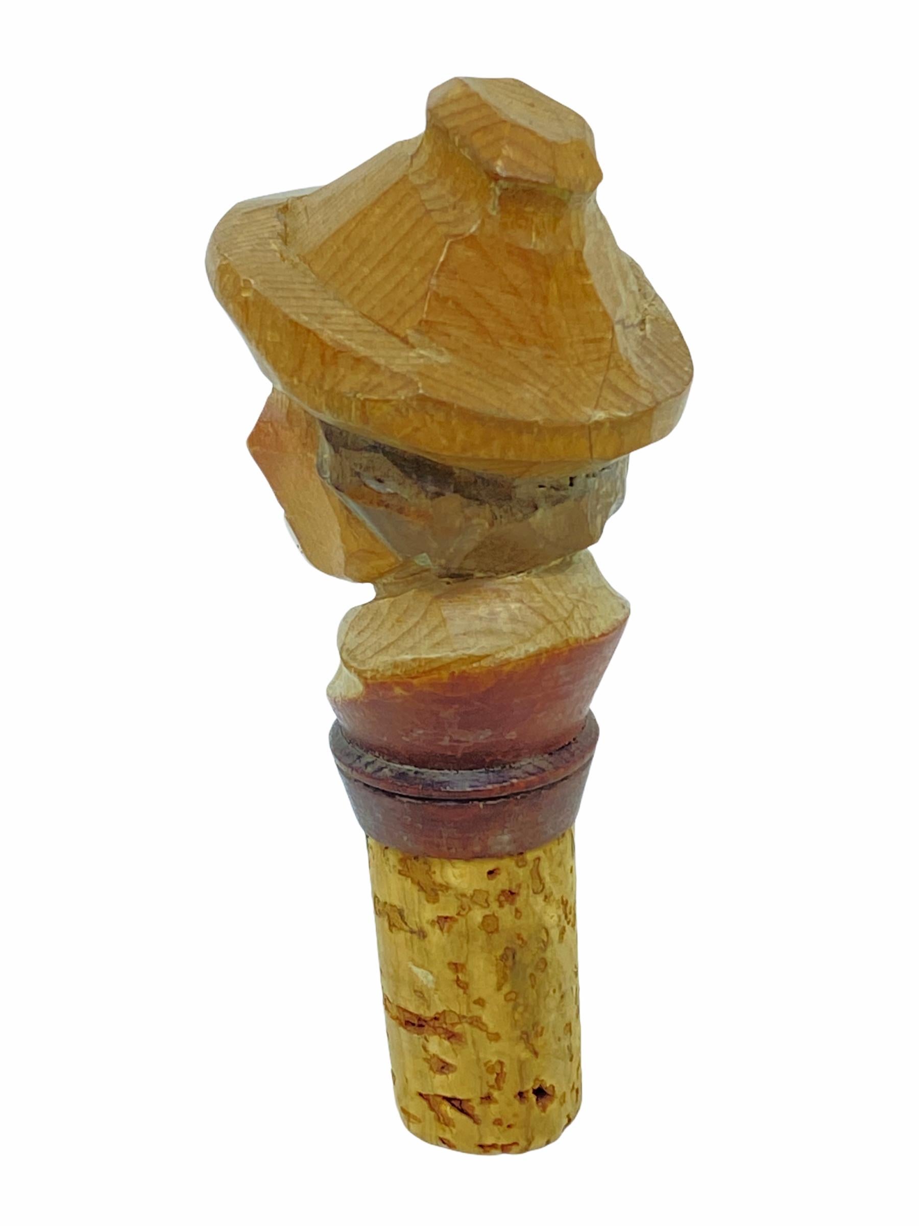 Adorable wood and cork bottle stopper. Germany, 1960s. Ideal decoration bottle stopper. Great idea to surprise your guests or a very interesting gift.
