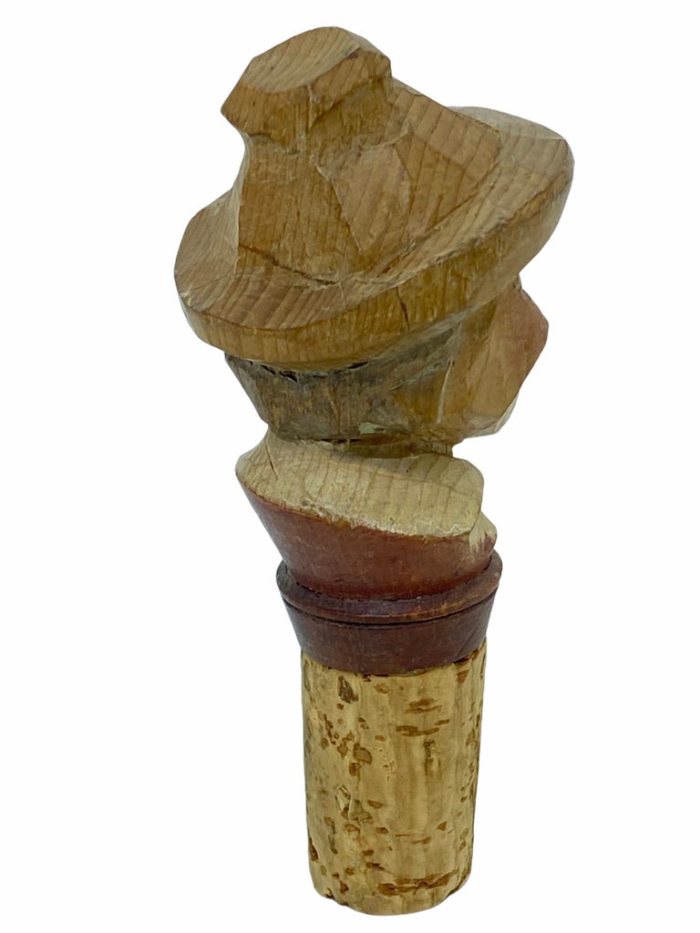 German Wood Carved Figural Man Head Cork Bottle Stopper, 1960s For Sale
