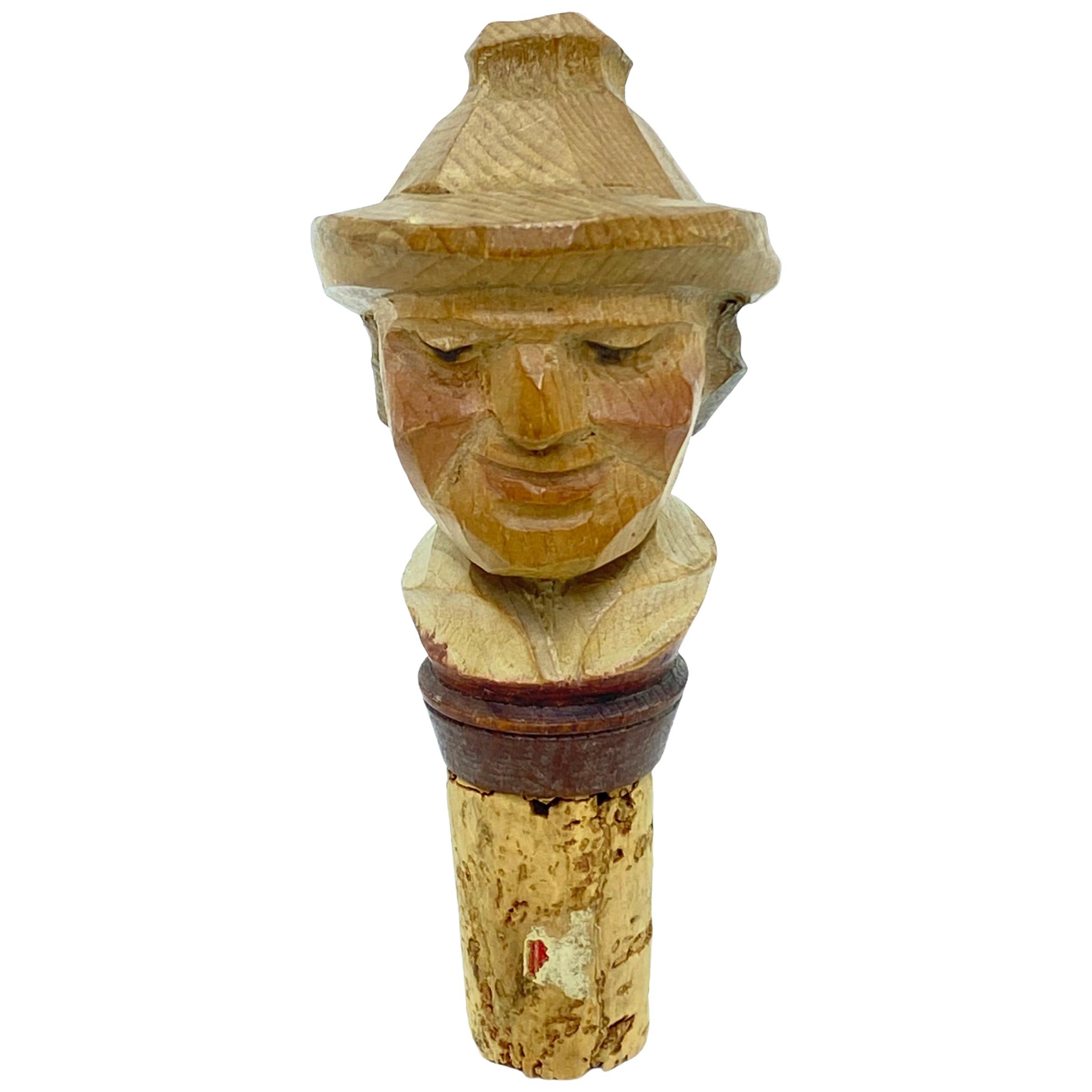 German Wood Carved Figural Man Head Cork Bottle Stopper, 1960s