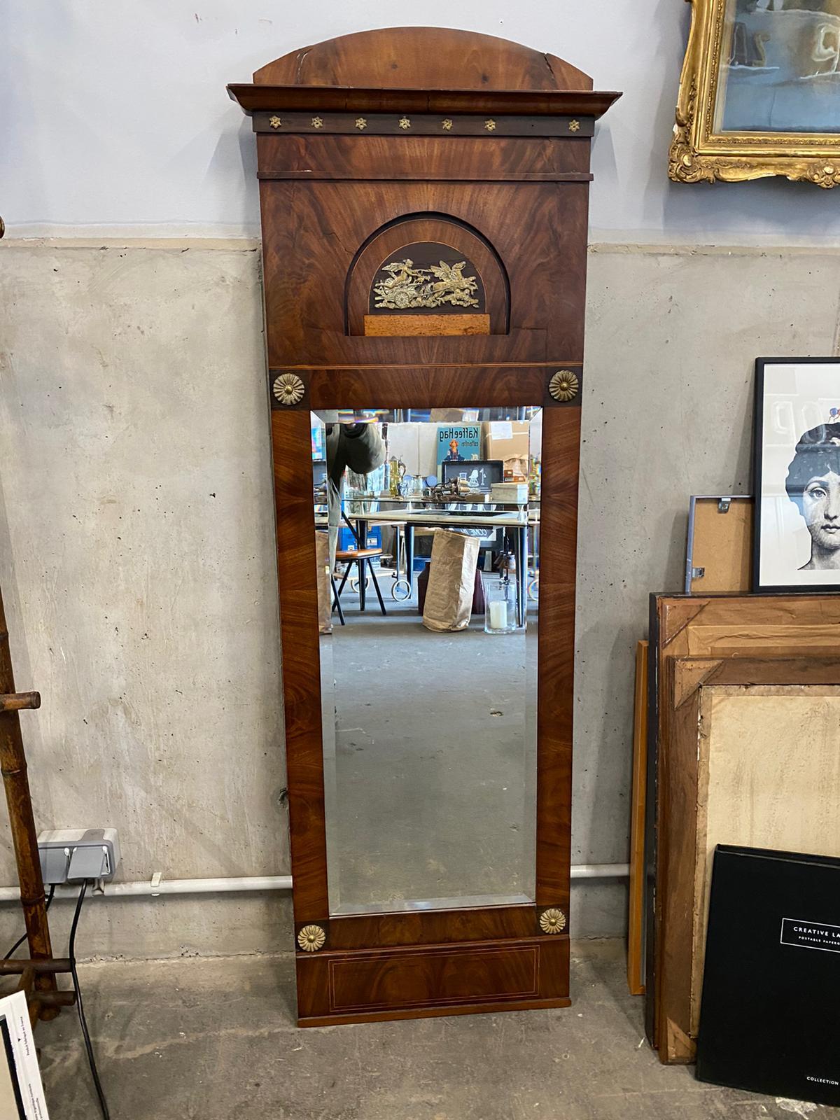 Veneer German Wooden Biedermeier/ Empire Trumeau Mirror with Brass a Appliques