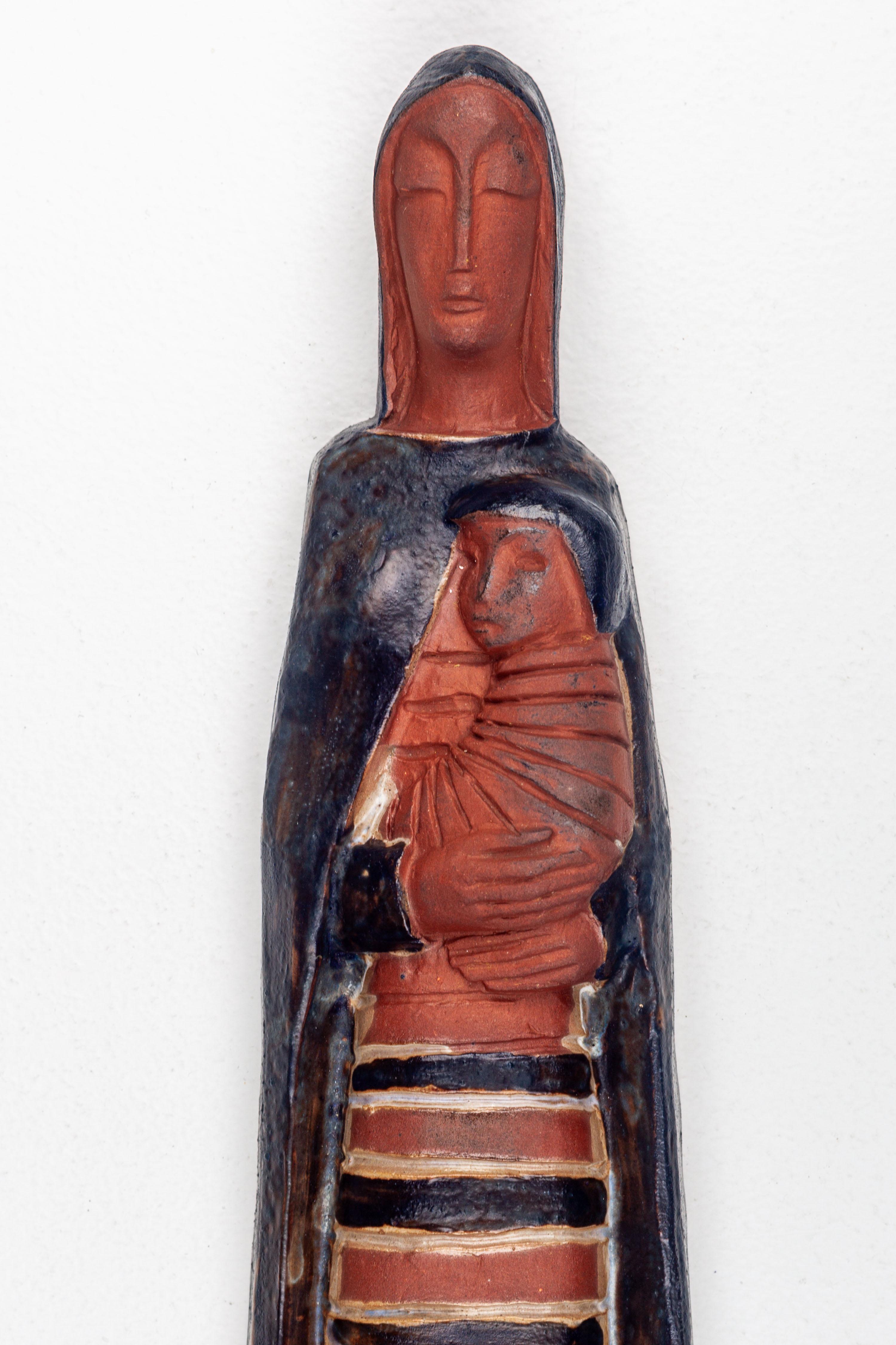 Mid-Century Modern Germanic Virgin Mary and Child Jesus Wall Decoration, Modernist Studio Pottery For Sale