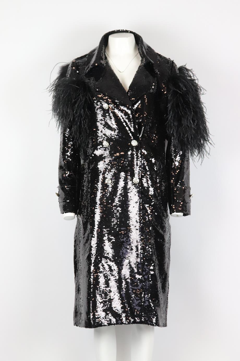 Germanier feather trimmed sequined chiffon coat. Black. Long sleeve, v-neck. Button fastening at front. 100% Polyester. Size: Large (UK 12, US 8, FR 40, IT 44). Shoulder to shoulder: 18 in. Bust: 40 in. Waist: 42 in. Hips: 45 in. Length: 45 in. Very