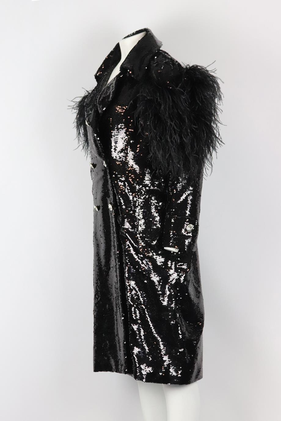 Black Germanier Feather Trimmed Sequined Chiffon Coat Large