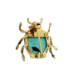 Germany 14k Yellow Gold Carved Turquoise Ruby Eyes Bug Beetle Insect Pin Brooch