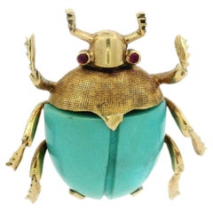 Germany 14k Yellow Gold Carved Turquoise Ruby Eyes Bug Beetle Insect Pin Brooch