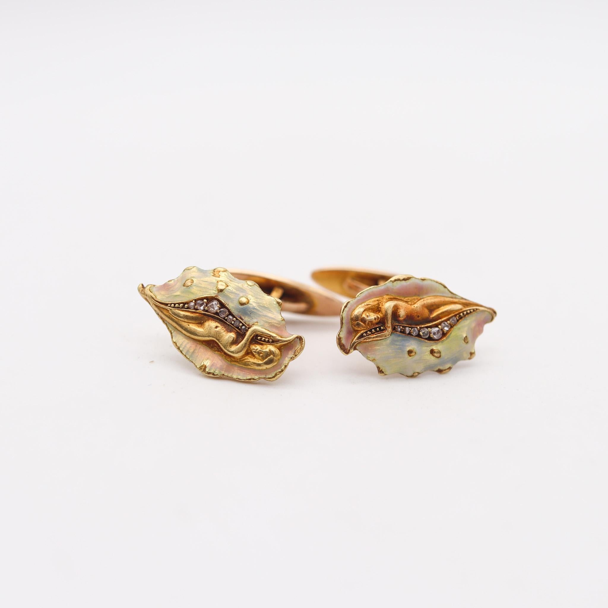 Rose Cut Germany 1900 Art Nouveau Enameled Cufflinks In 18Kt Gold With Diamonds With Box For Sale