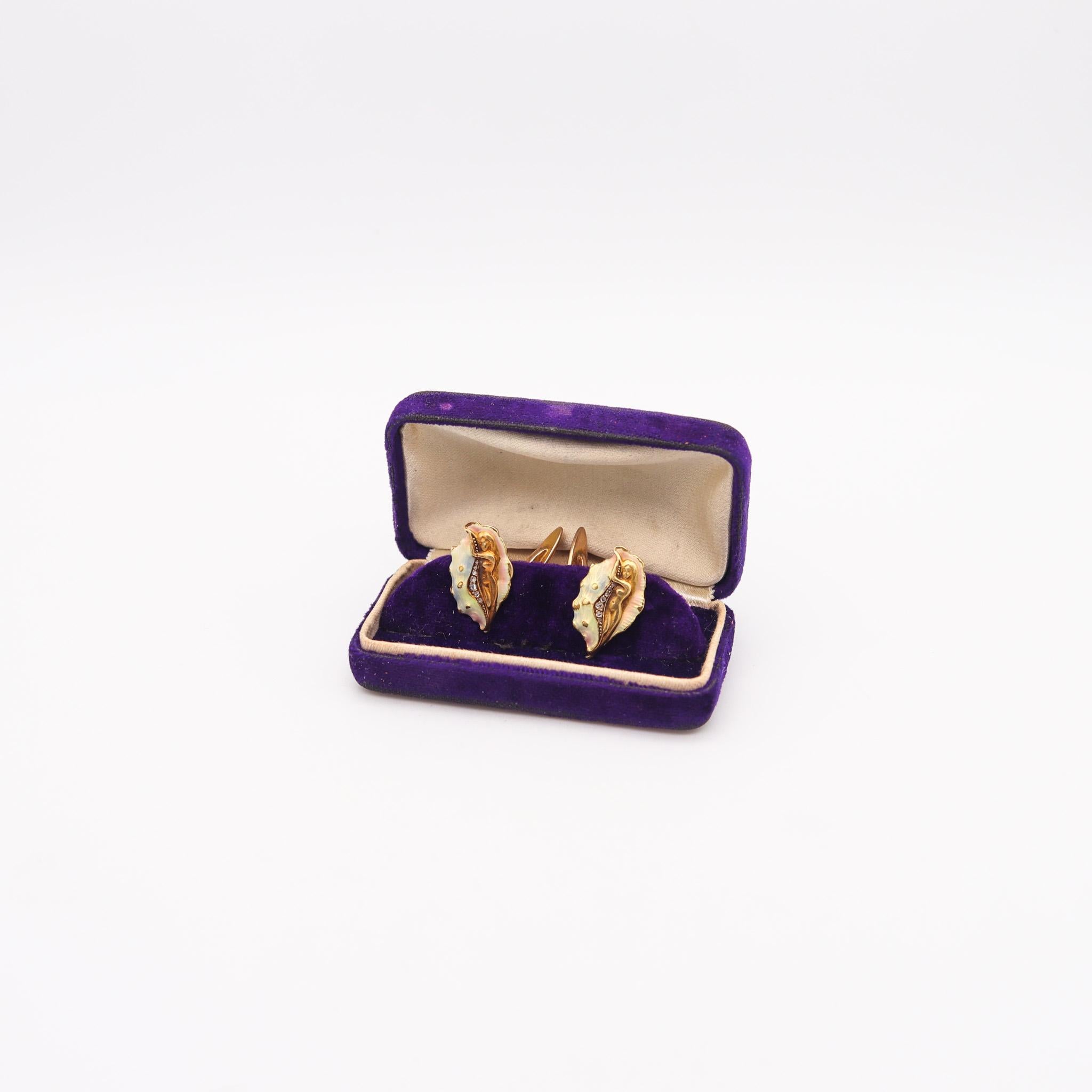 Germany 1900 Art Nouveau Enameled Cufflinks In 18Kt Gold With Diamonds With Box For Sale 2