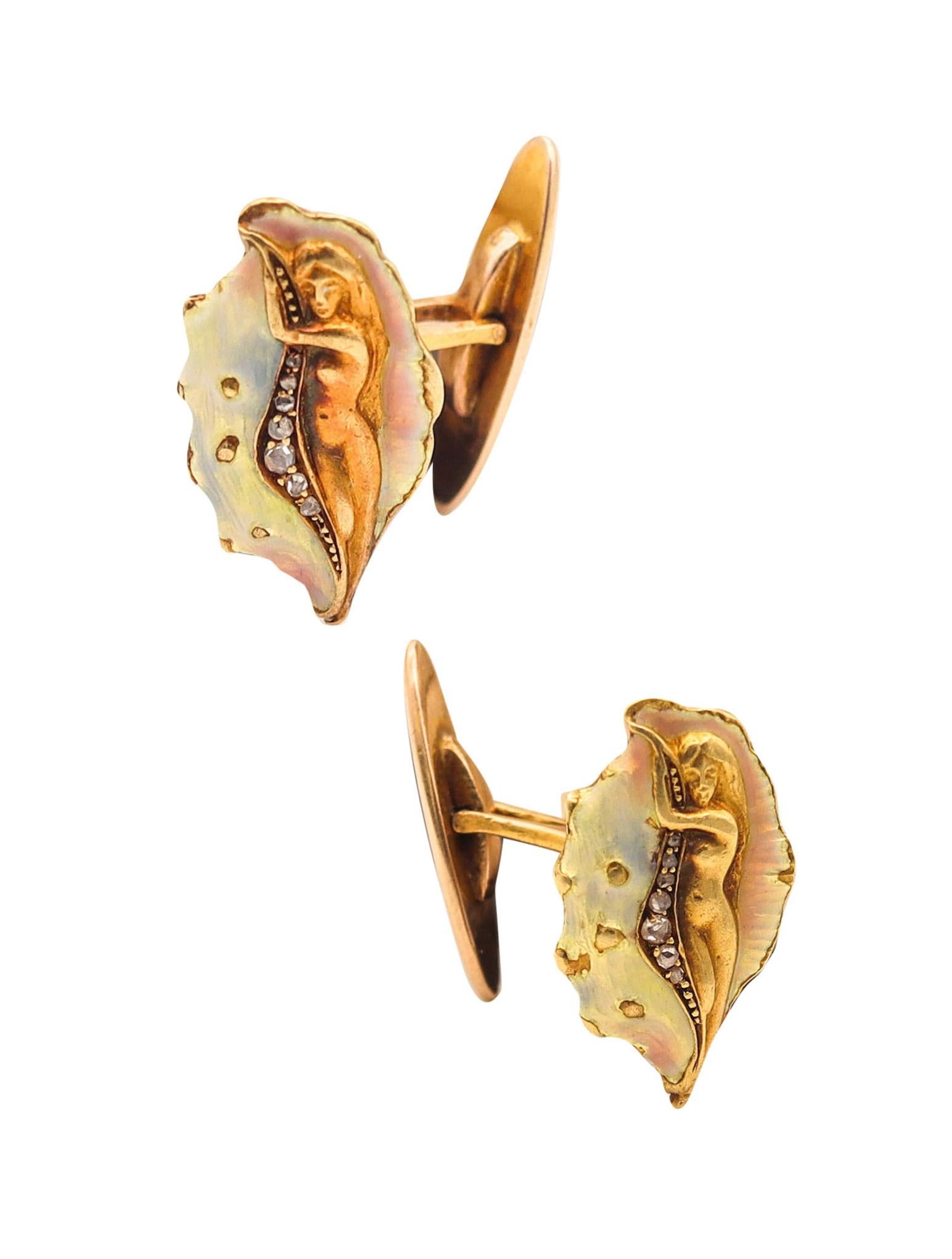 Germany 1900 Art Nouveau Enameled Cufflinks In 18Kt Gold With Diamonds With Box For Sale