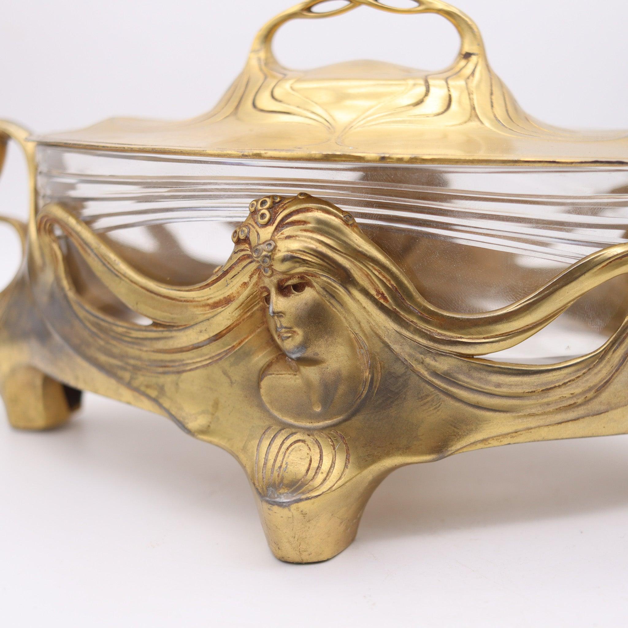 Gilt GERMANY 1900 Orivit Jugendstil Covered Centerpiece In Gilded Bronze With Crystal For Sale