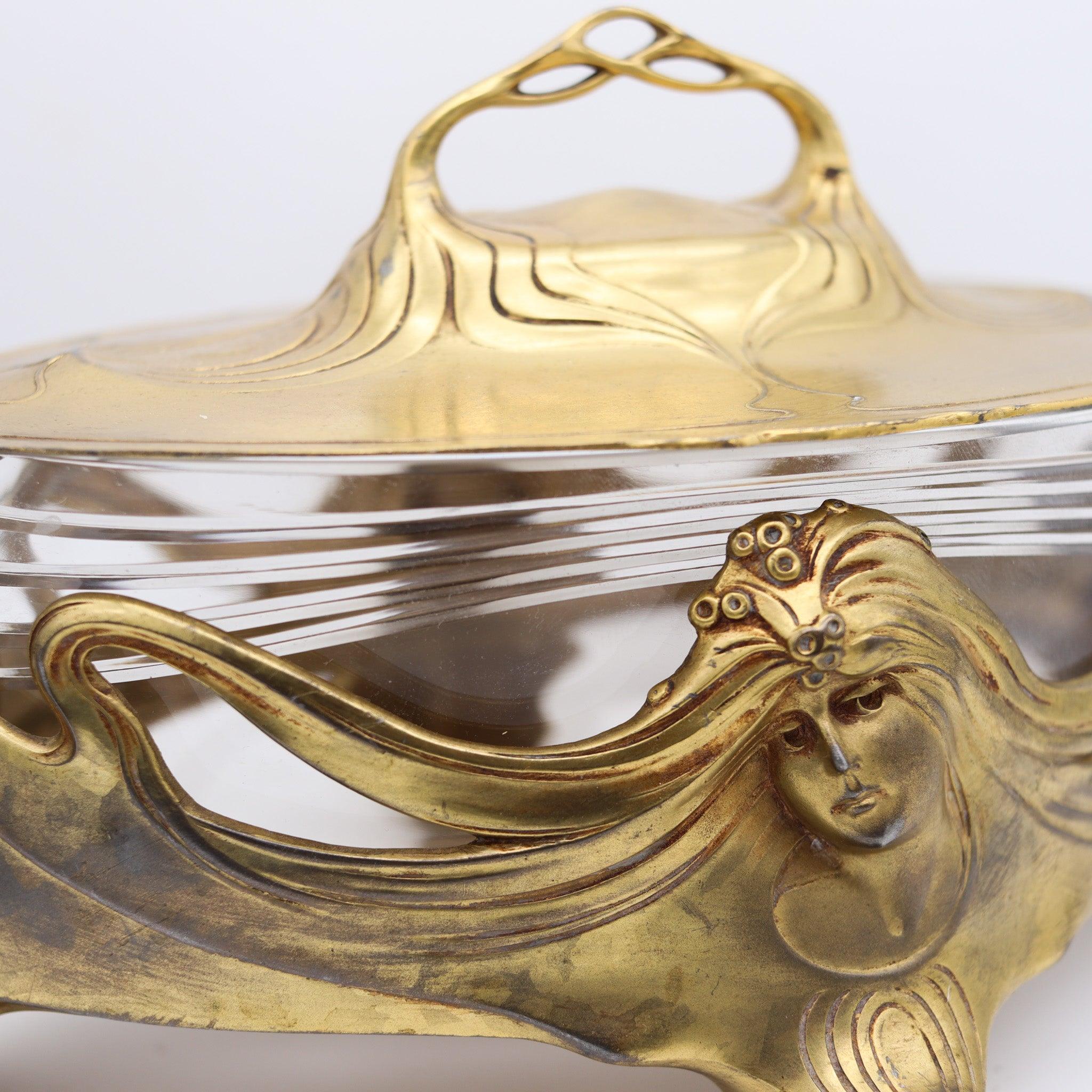 Early 20th Century GERMANY 1900 Orivit Jugendstil Covered Centerpiece In Gilded Bronze With Crystal For Sale
