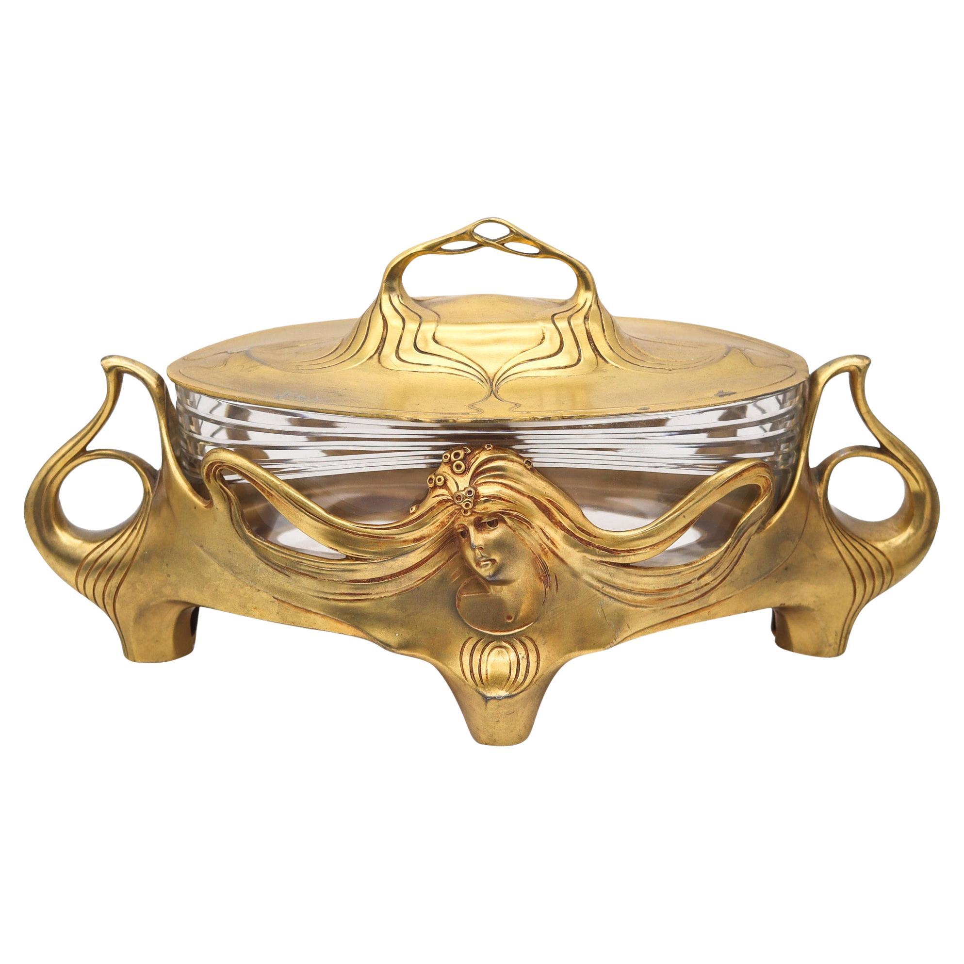 ALEMANIA 1900 Orivit Centro de Mesa Cubierto Jugendstil En Bronce Dorado Con Cristal