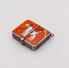 Germany 1920 Art Deco Enameled Mechanical Vesta Box in Sterling Silver with Dog