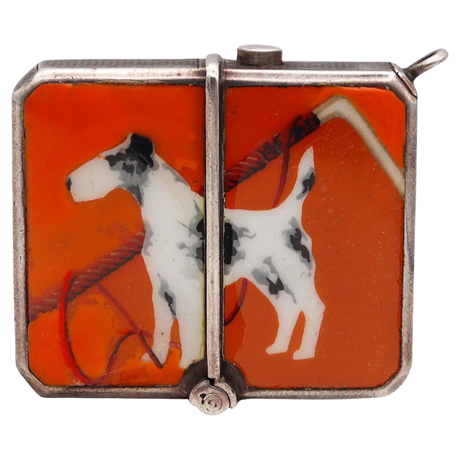 Germany 1920 Art Deco Enameled Mechanical Vesta Box in Sterling Silver with Dog