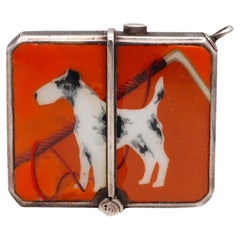 Antique Germany 1920 Art Deco Enameled Mechanical Vesta Box in Sterling Silver with Dog