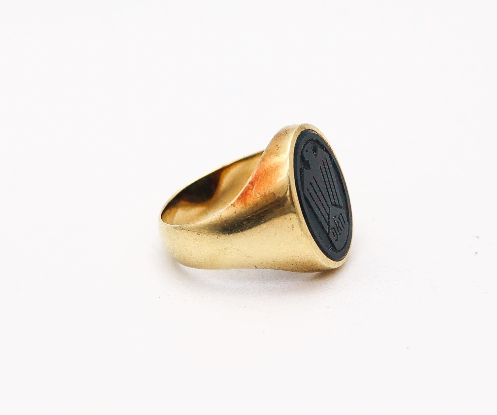 Art Deco GERMANY 1928 Bloodstone Signet Ring In 14Kt Gold Carved With Stylized Eagle