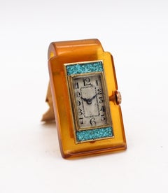 Germany 1935 Art Deco Money Clip With Watch In 18Kt Gold Bakelite And Turquoises