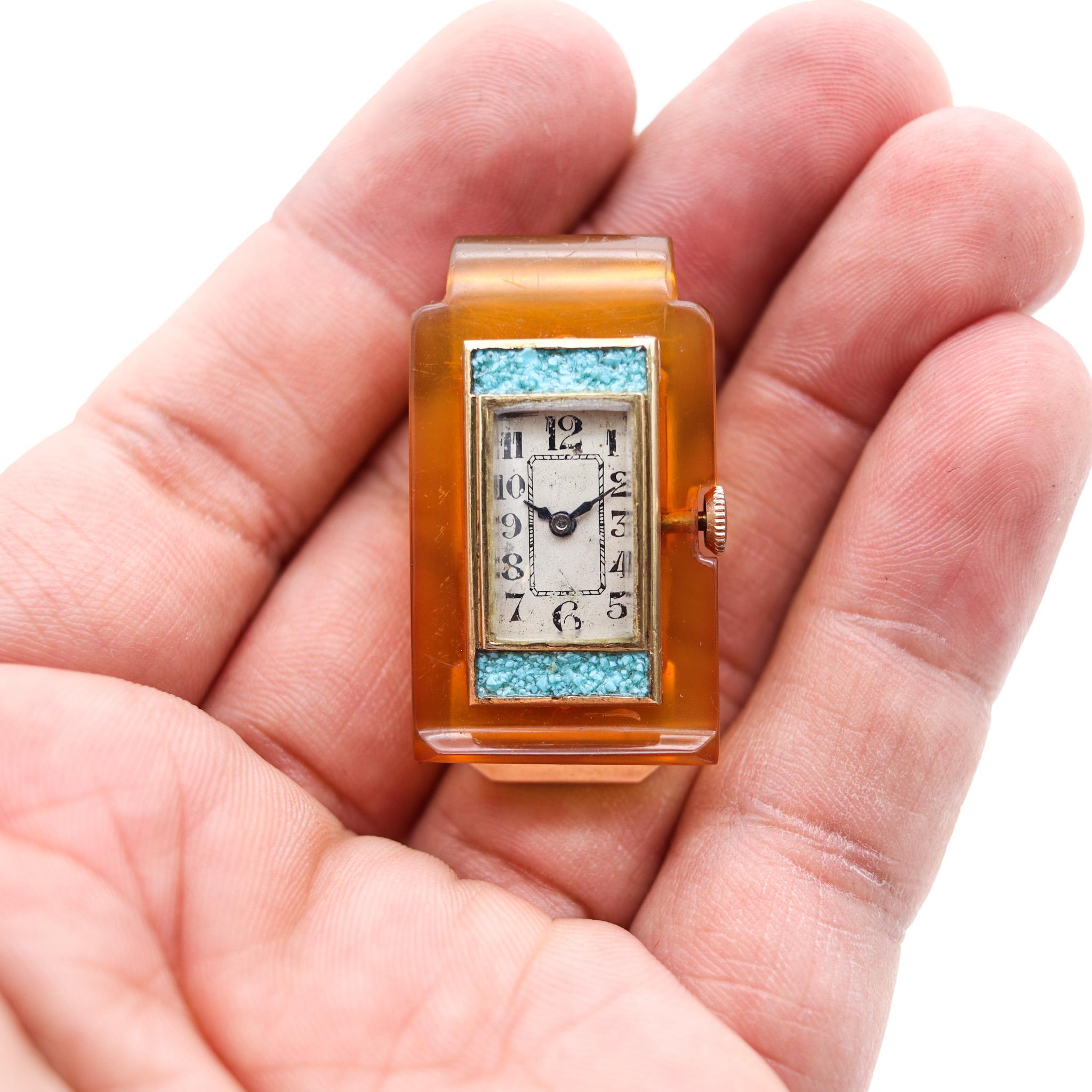 Mixed Cut Germany 1935 Art Deco Money Clip With Watch In 18Kt Gold Bakelite And Turquoises