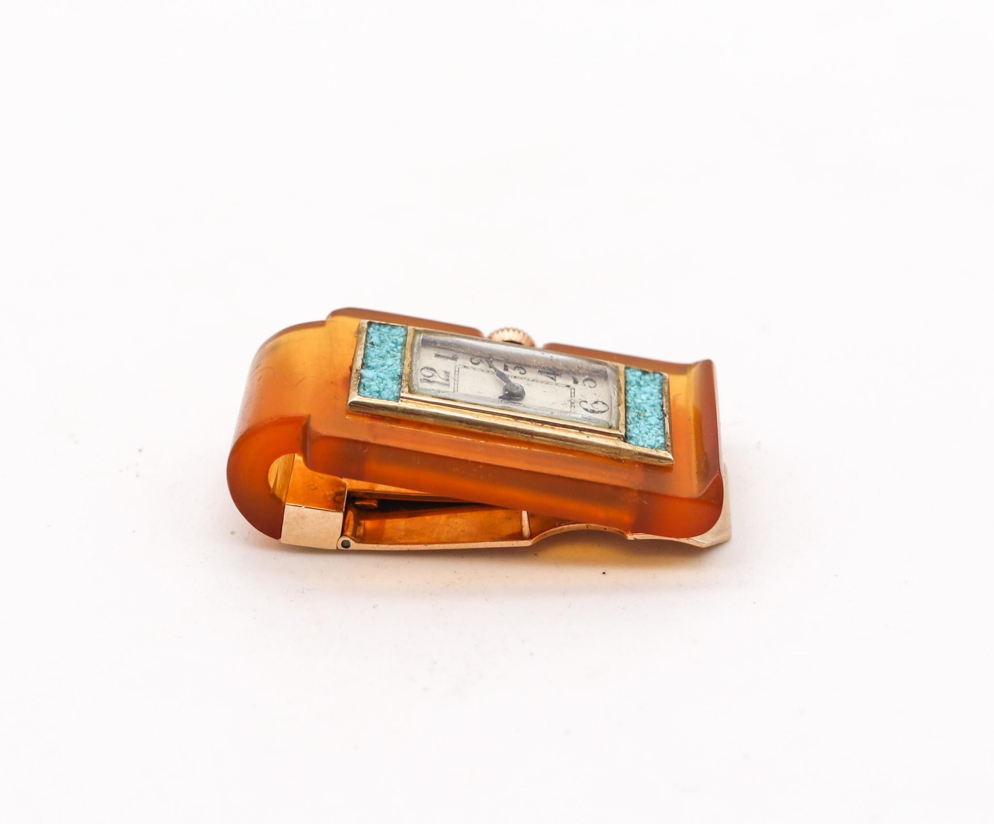 Women's or Men's Germany 1935 Art Deco Money Clip With Watch In 18Kt Gold Bakelite And Turquoises