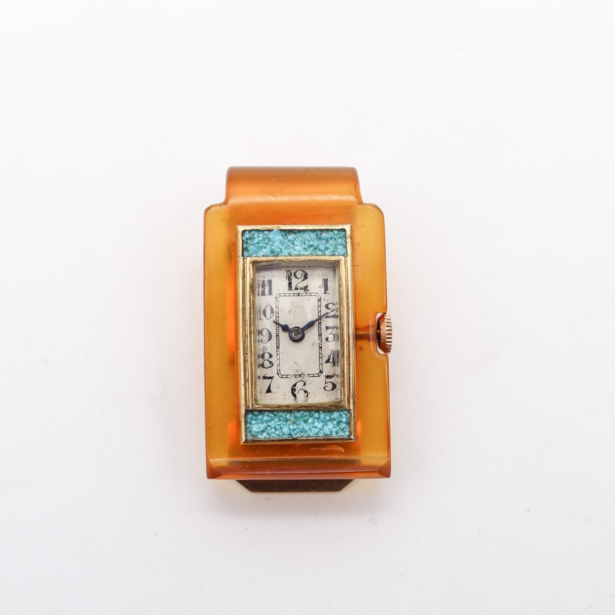 Germany 1935 Art Deco Money Clip With Watch In 18Kt Gold Bakelite And Turquoises 1