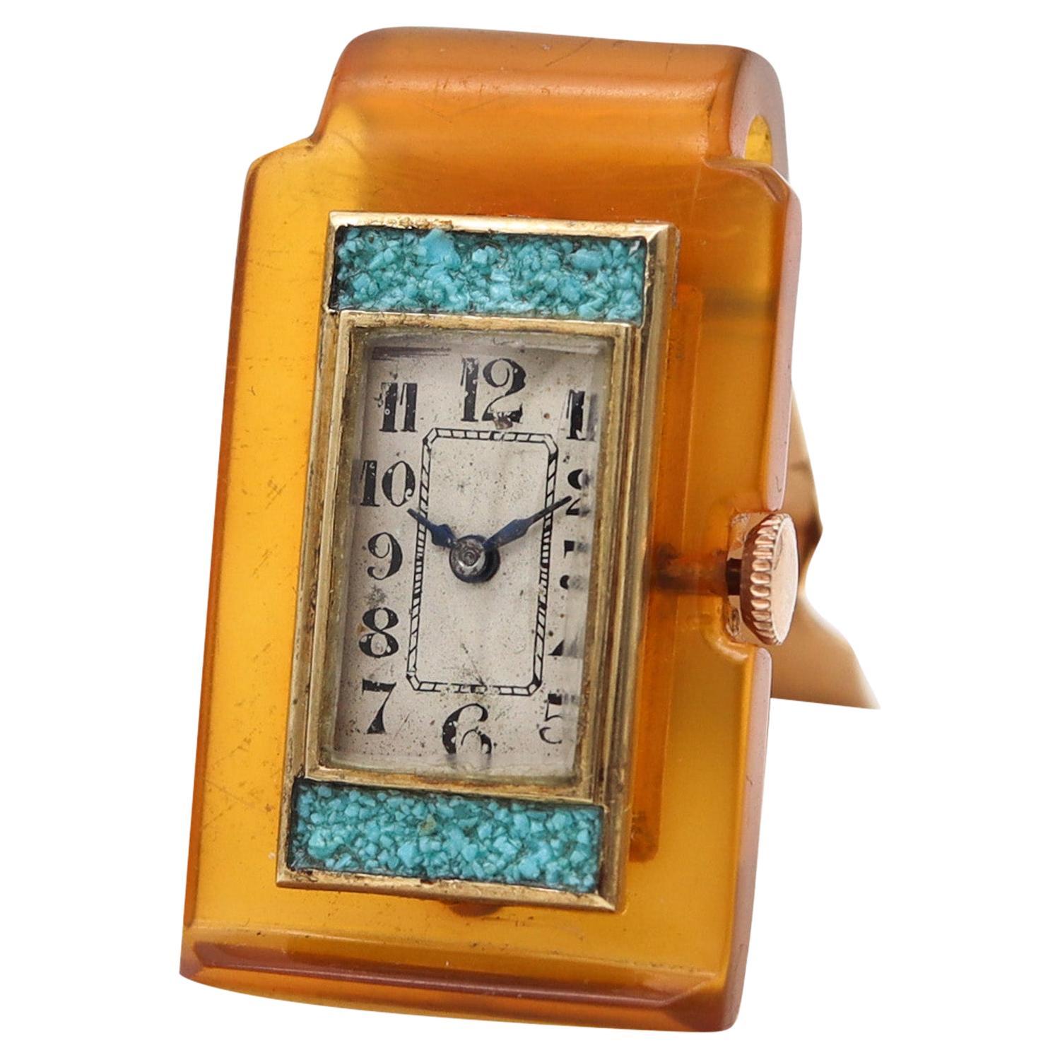 Germany 1935 Art Deco Money Clip With Watch In 18Kt Gold Bakelite And Turquoises