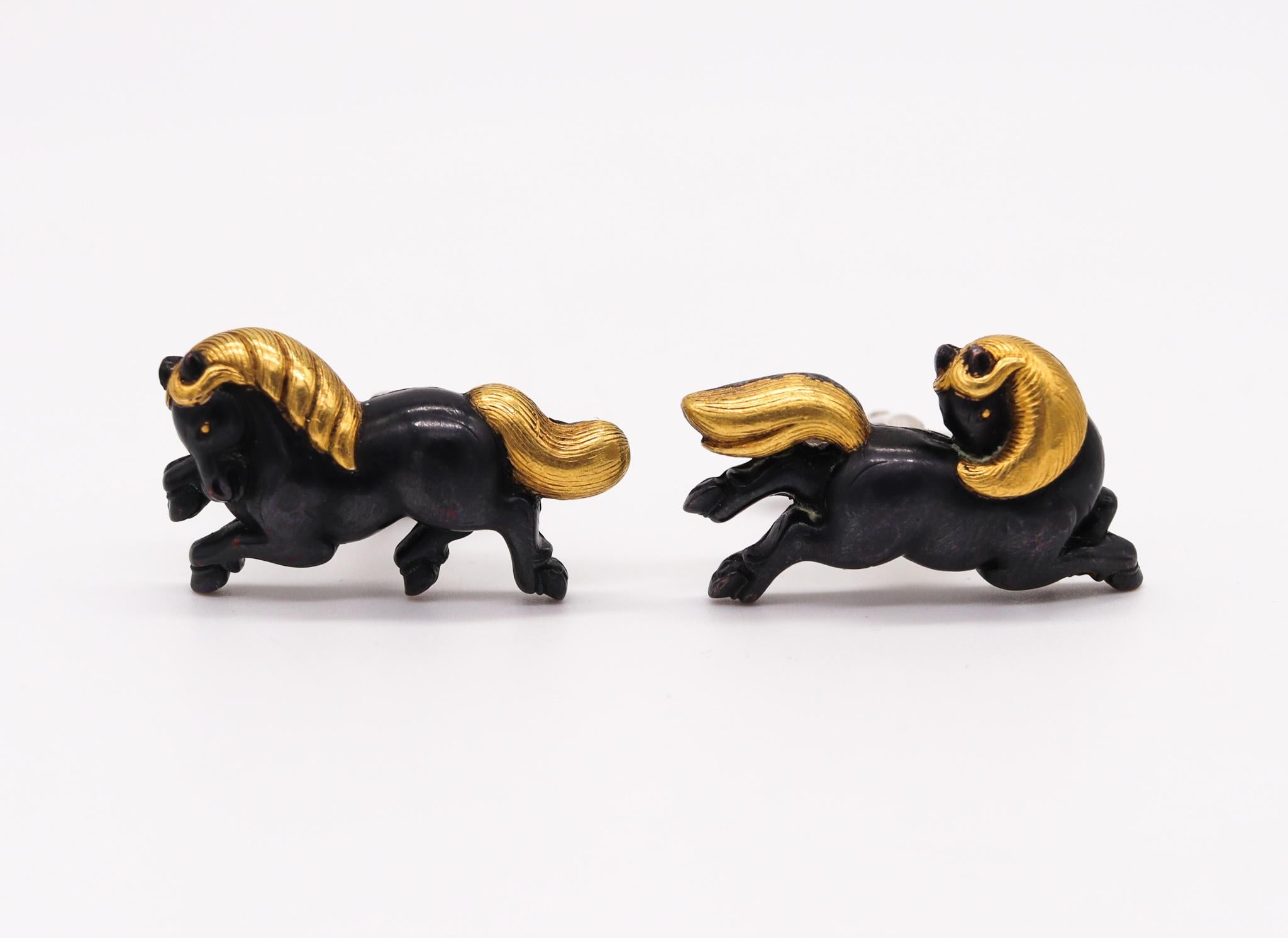 Exceptional vintage Shakudo cufflinks with Japanese Menuki.

Beautiful piece of art, created in Germany back in the 1970. These pair of cufflinks has been crafted in 24 karats yellow gold, .925/.999 sterling silver and blackened patinated bronze
