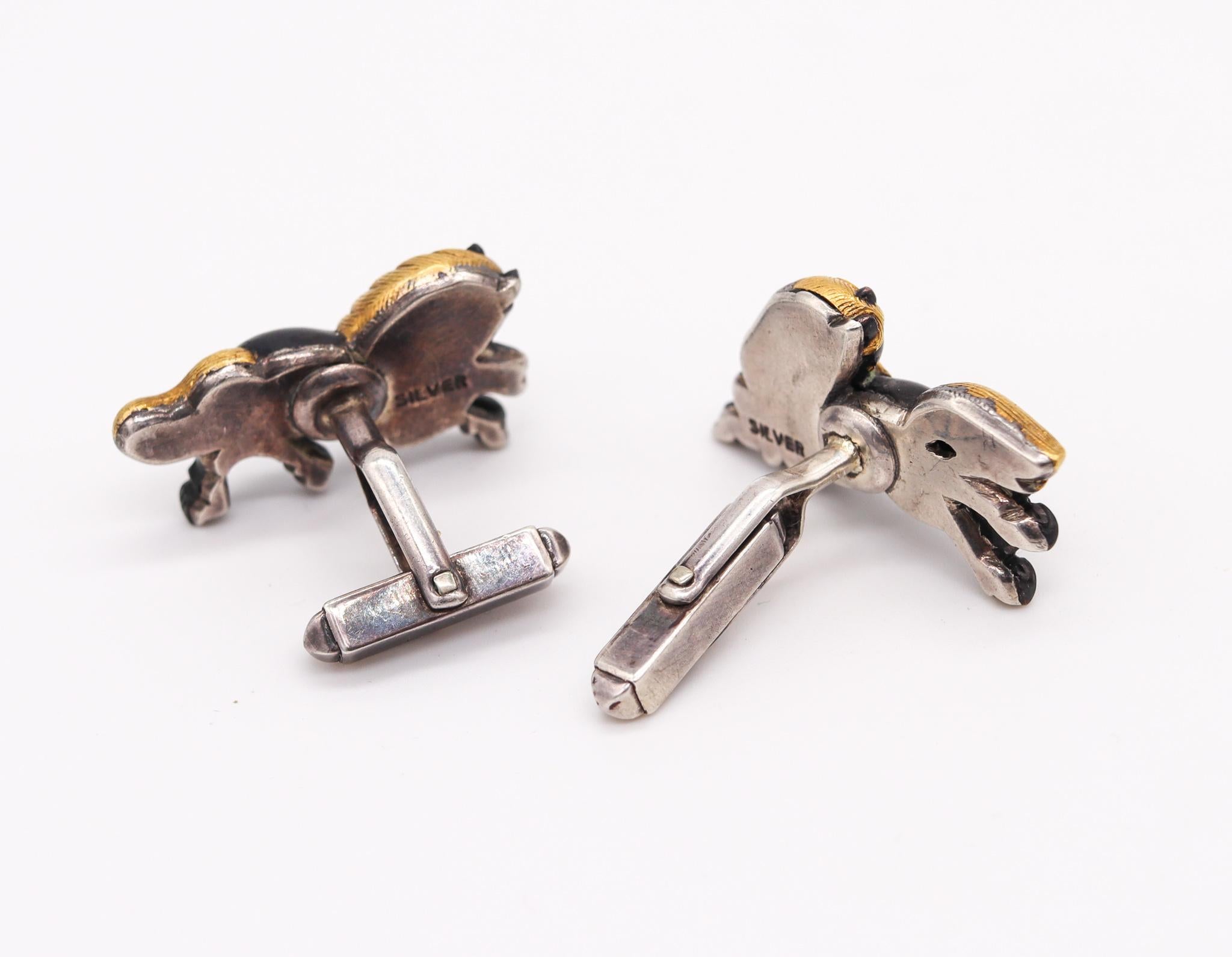 Germany 1970 Menuki Cufflinks Japanese Shakudo Sterling Silver 24Kt And Bronze In Excellent Condition For Sale In Miami, FL