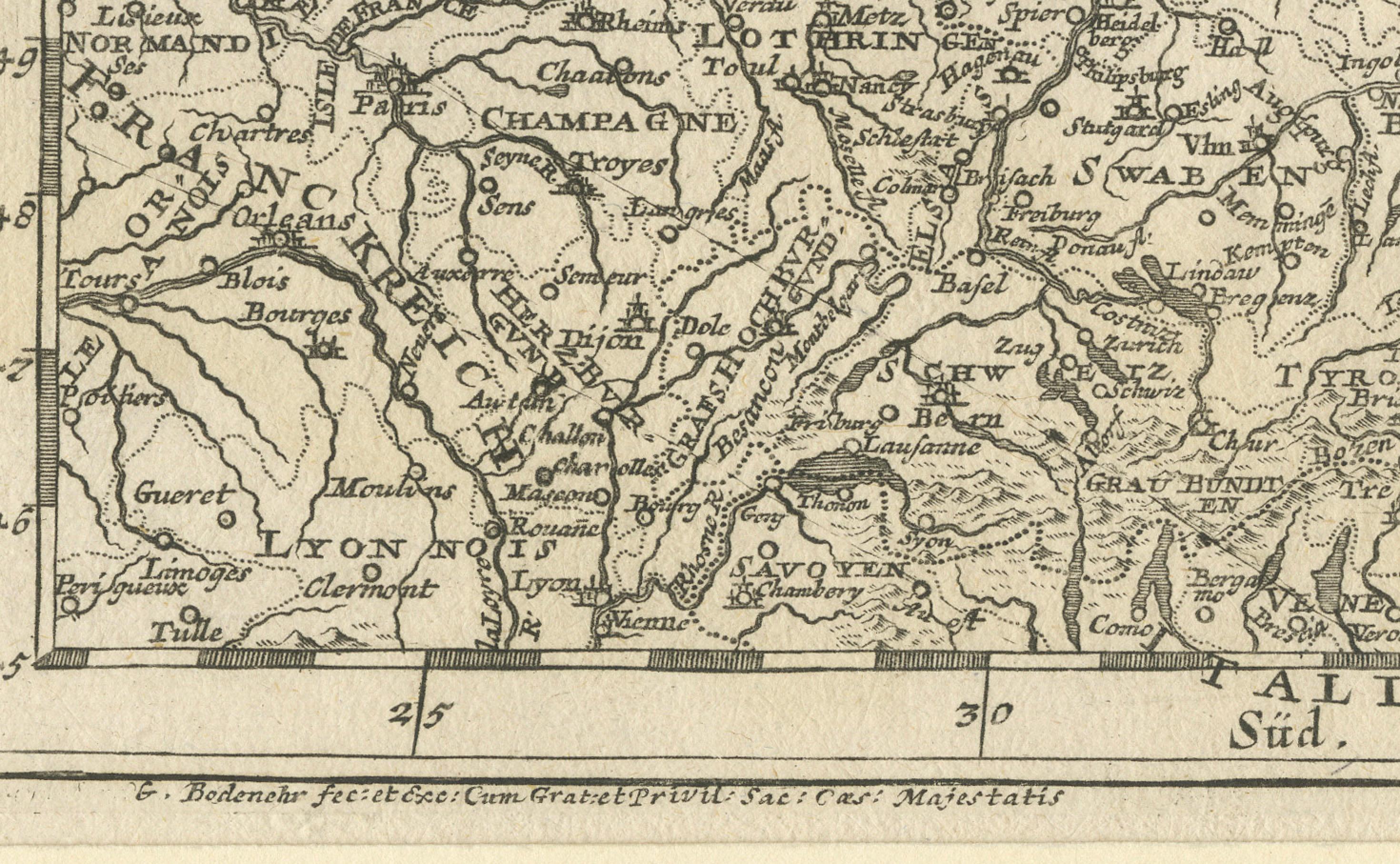 Alemania y las fronteras del Imperio: el Mapa de Bodenehr del Mundo Sacro Romano Germánico, 1710 Grabado en venta