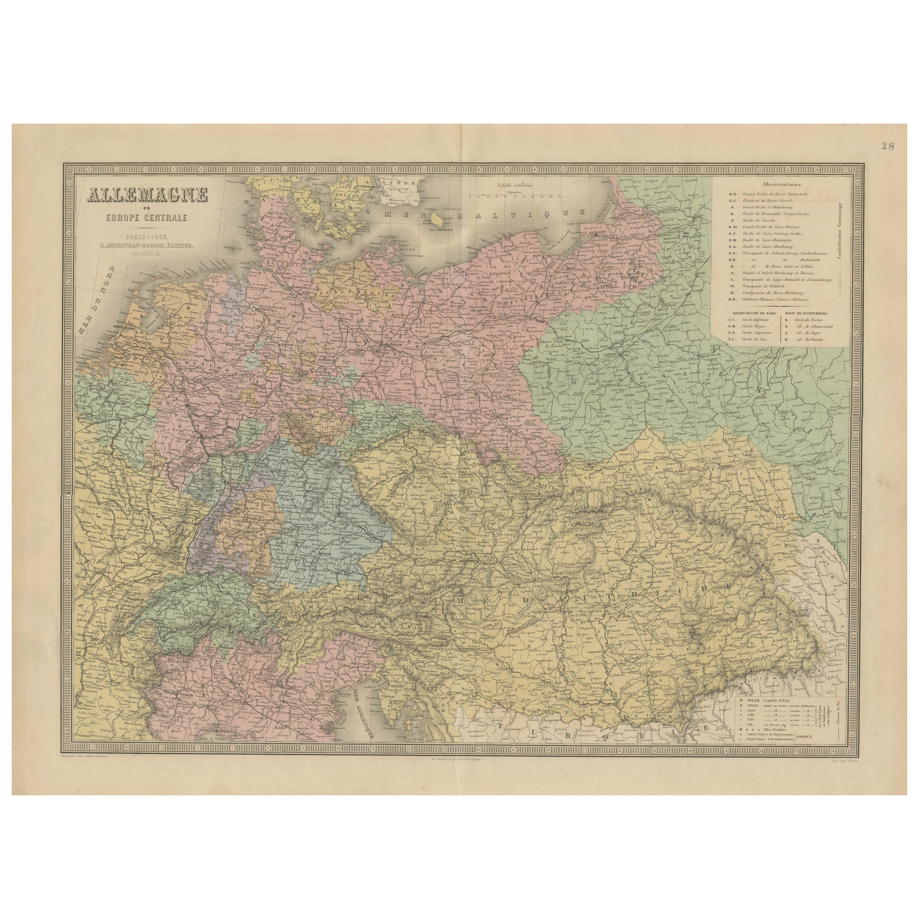 Allemagne & Europe centrale - Carte ancienne de 1865 par Andriveau-Goujon, Paris