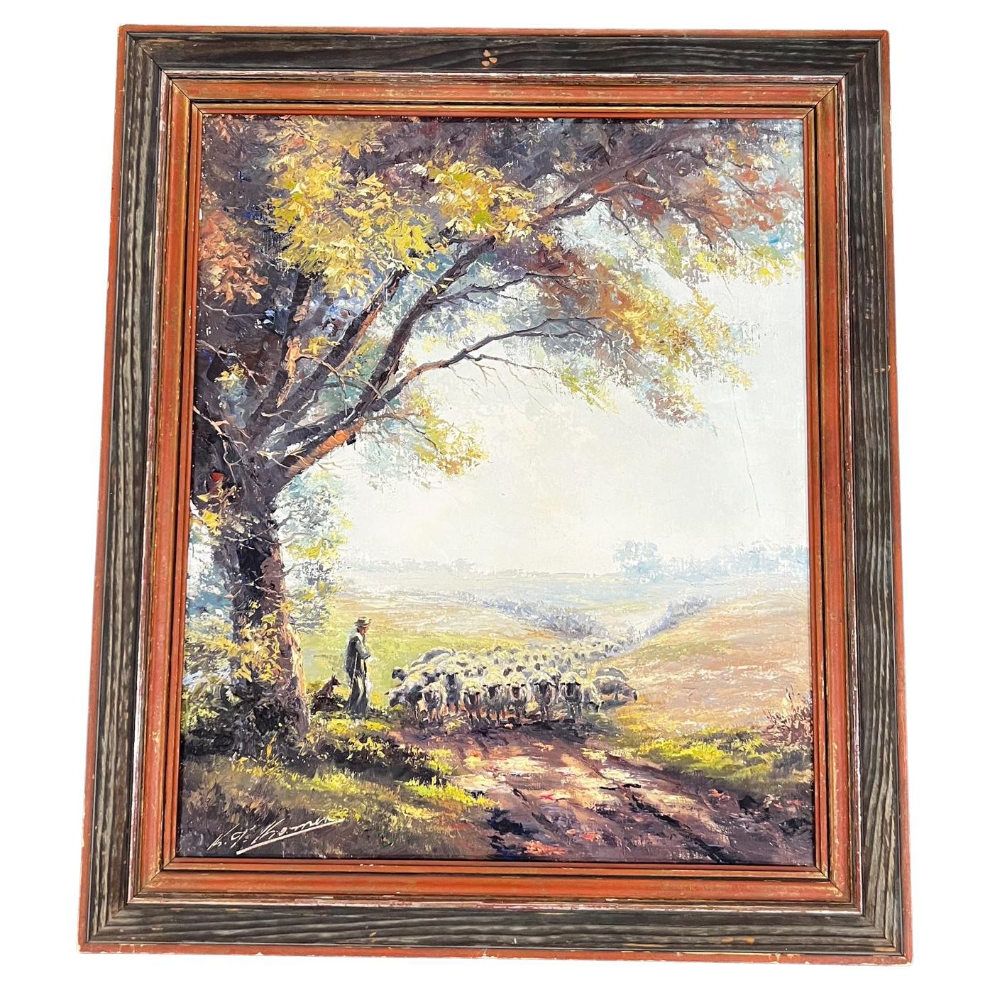 Germany Kunsthandlung Julius Giessen Art Oil Painting Shepherd Sheep Flock