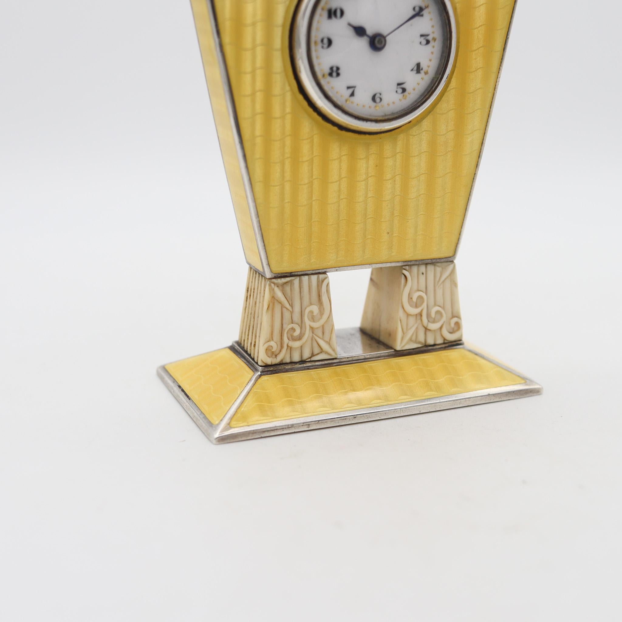 Germany Pforzheim 1918 Art Deco Guilloché Enameled Geometric Clock .935 Sterling In Excellent Condition For Sale In Miami, FL