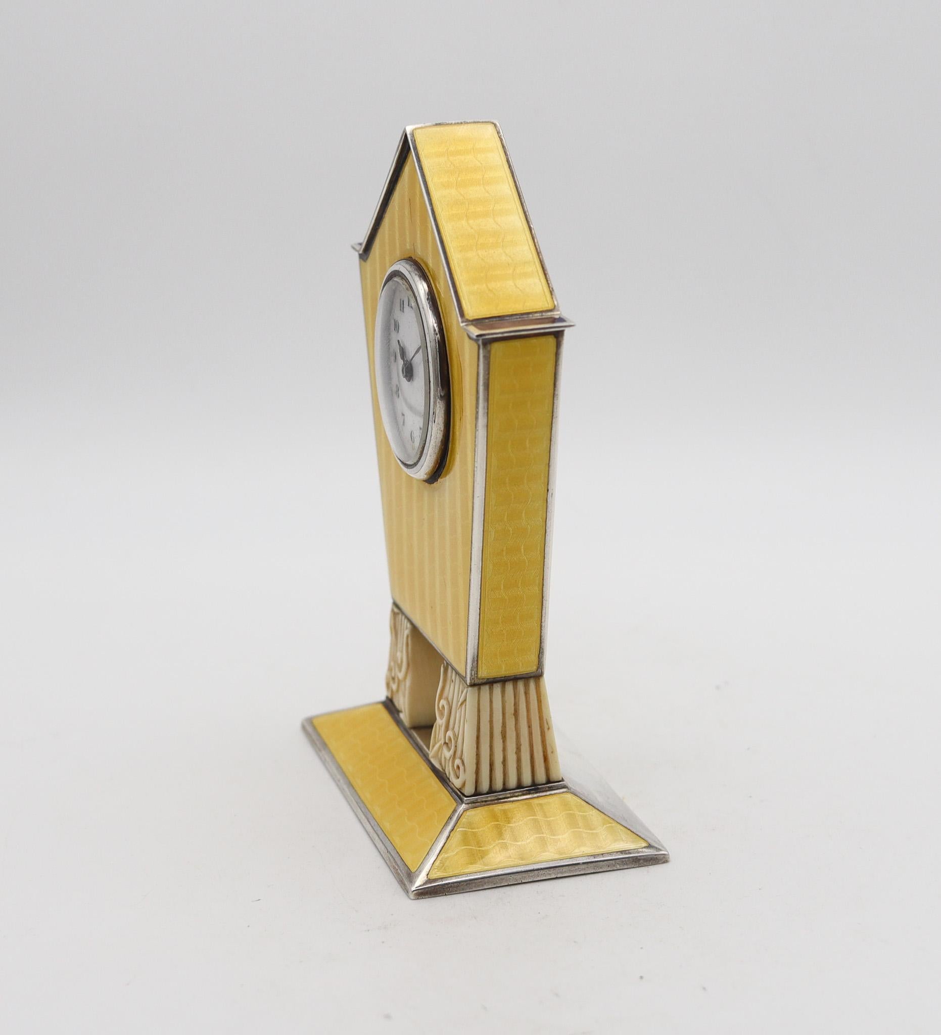 Early 20th Century Germany Pforzheim 1918 Art Deco Guilloché Enameled Geometric Clock .935 Sterling For Sale