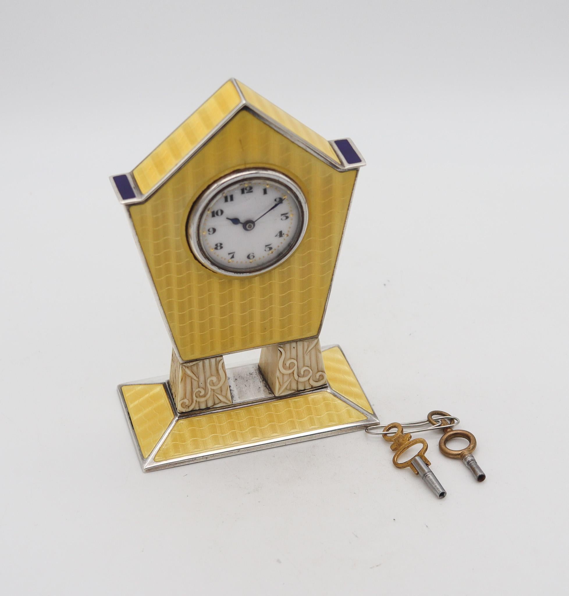 Germany Pforzheim 1918 Art Deco Guilloché Enameled Geometric Clock .935 Sterling For Sale 3