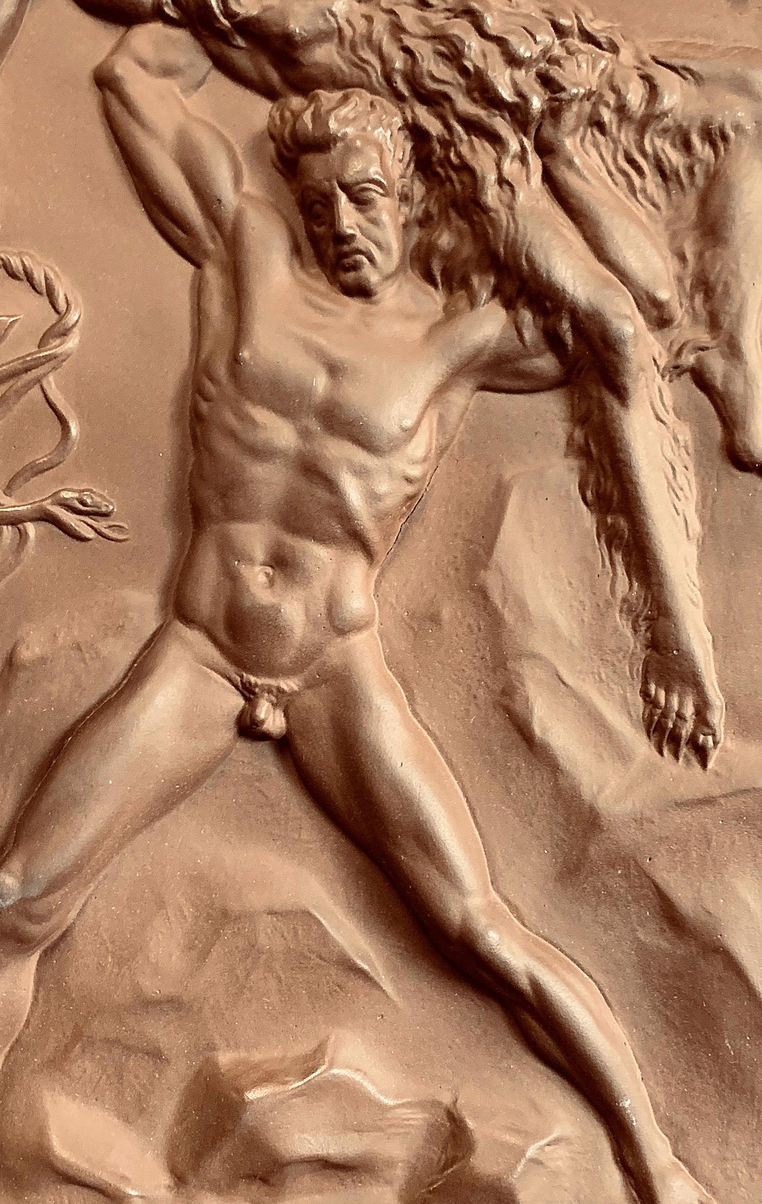 Rare and fascinating, this allegorical plaque depicts a nude, strong Germany triumphing over a bearded savage, representing the Soviet Union, who is holding -- of course -- a Hammer in one hand and a sickle in the other. The Soviet's Hammer is also