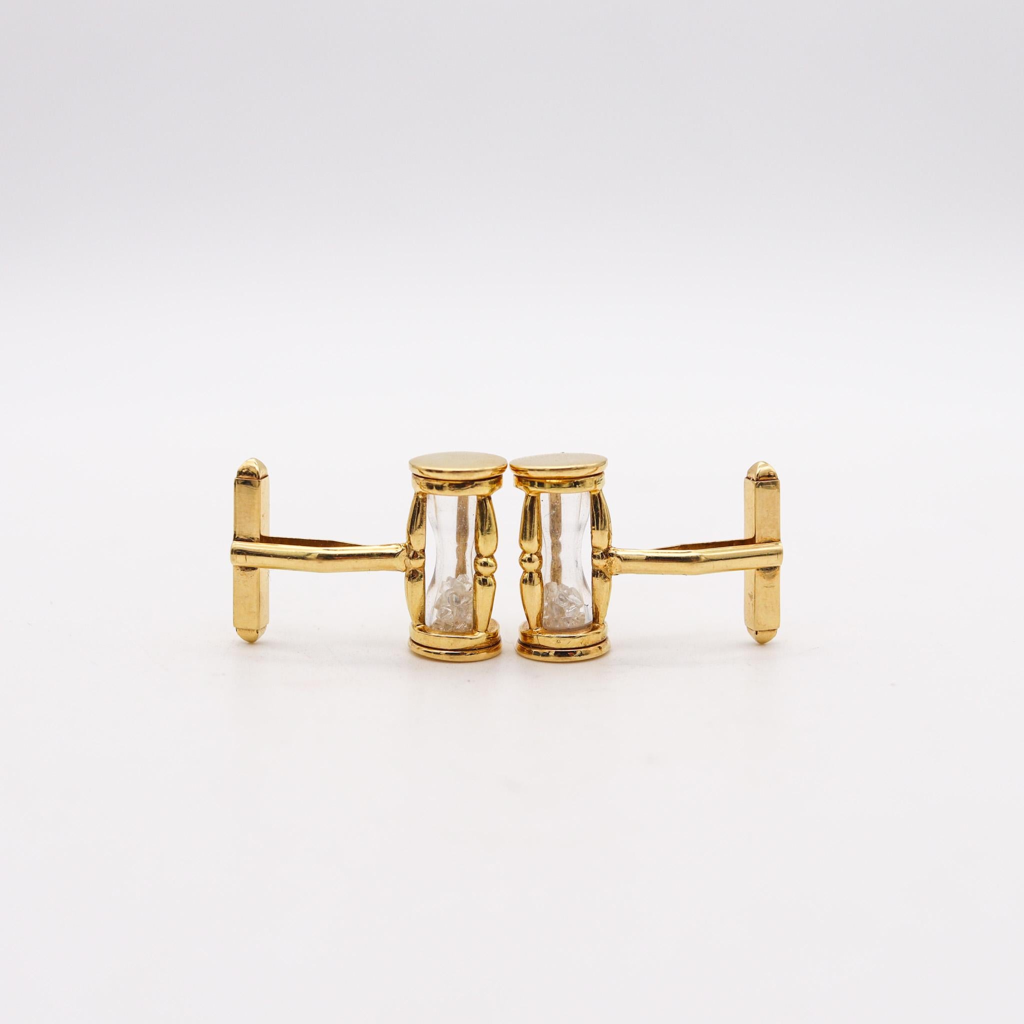 Modernist Germany Unusual Sand Clocks Cufflinks In 18Kt Yellow Gold With 1 Ctw Diamonds For Sale