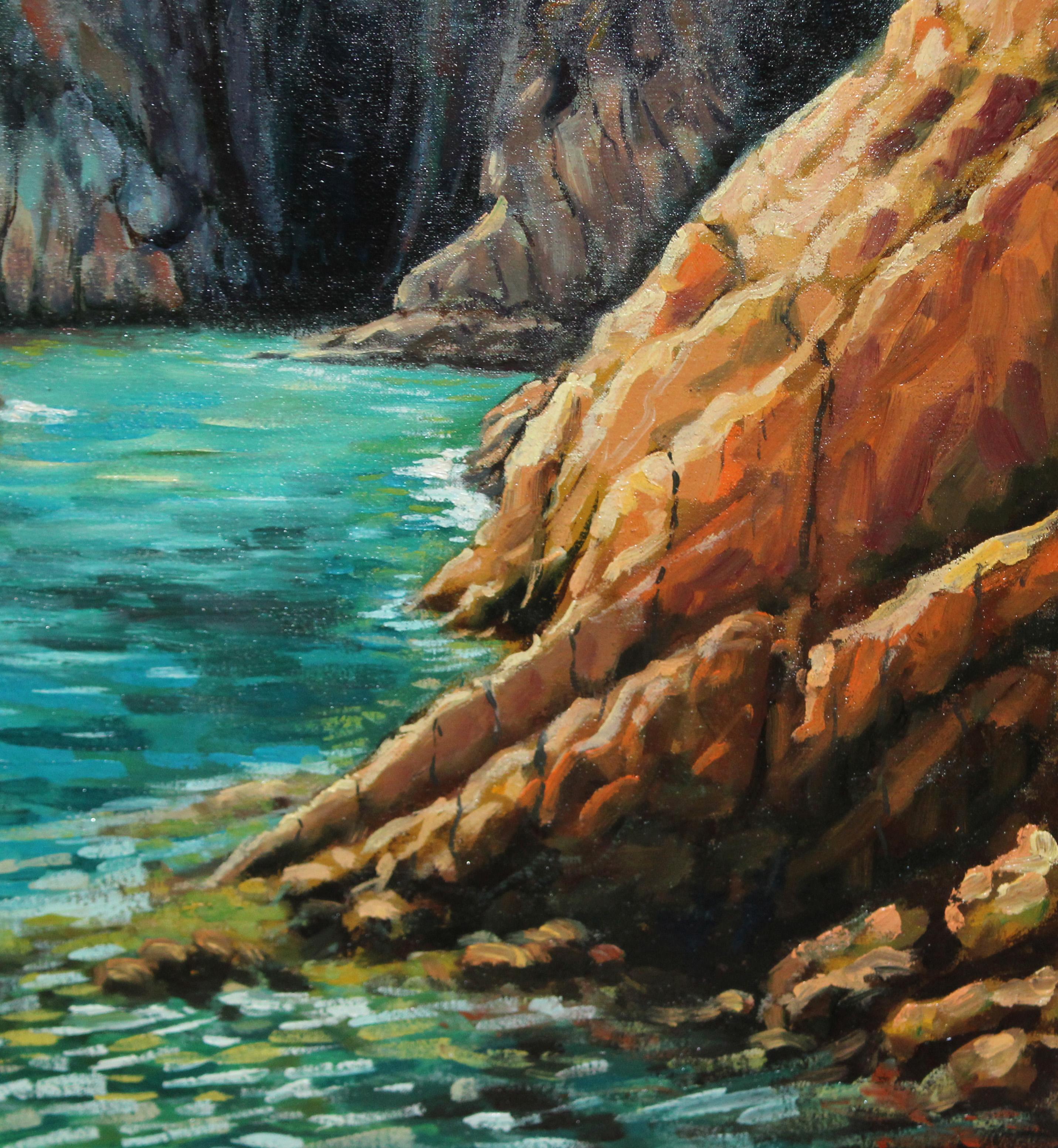 Cala cap de mort (San Feliu de Guíxols) - Óleo sobre tela - Año 1979 - Gray Landscape Painting by Germán Monzó Amorós