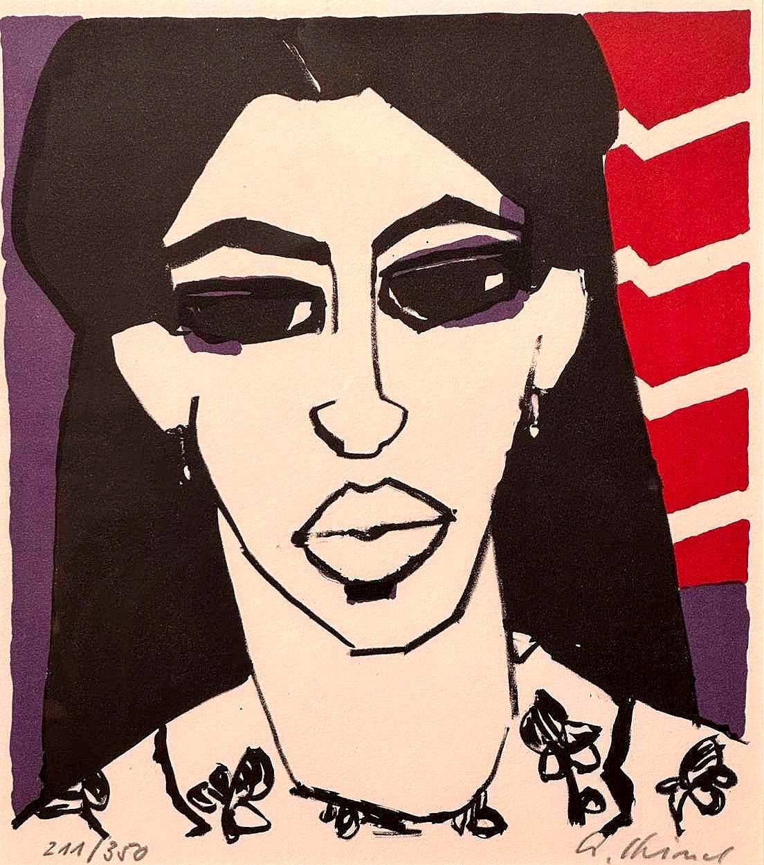 Portrait d'une femme - Lithographie expressionniste allemande du milieu du 20e siècle - Orange Portrait Print par Gernot Kessel