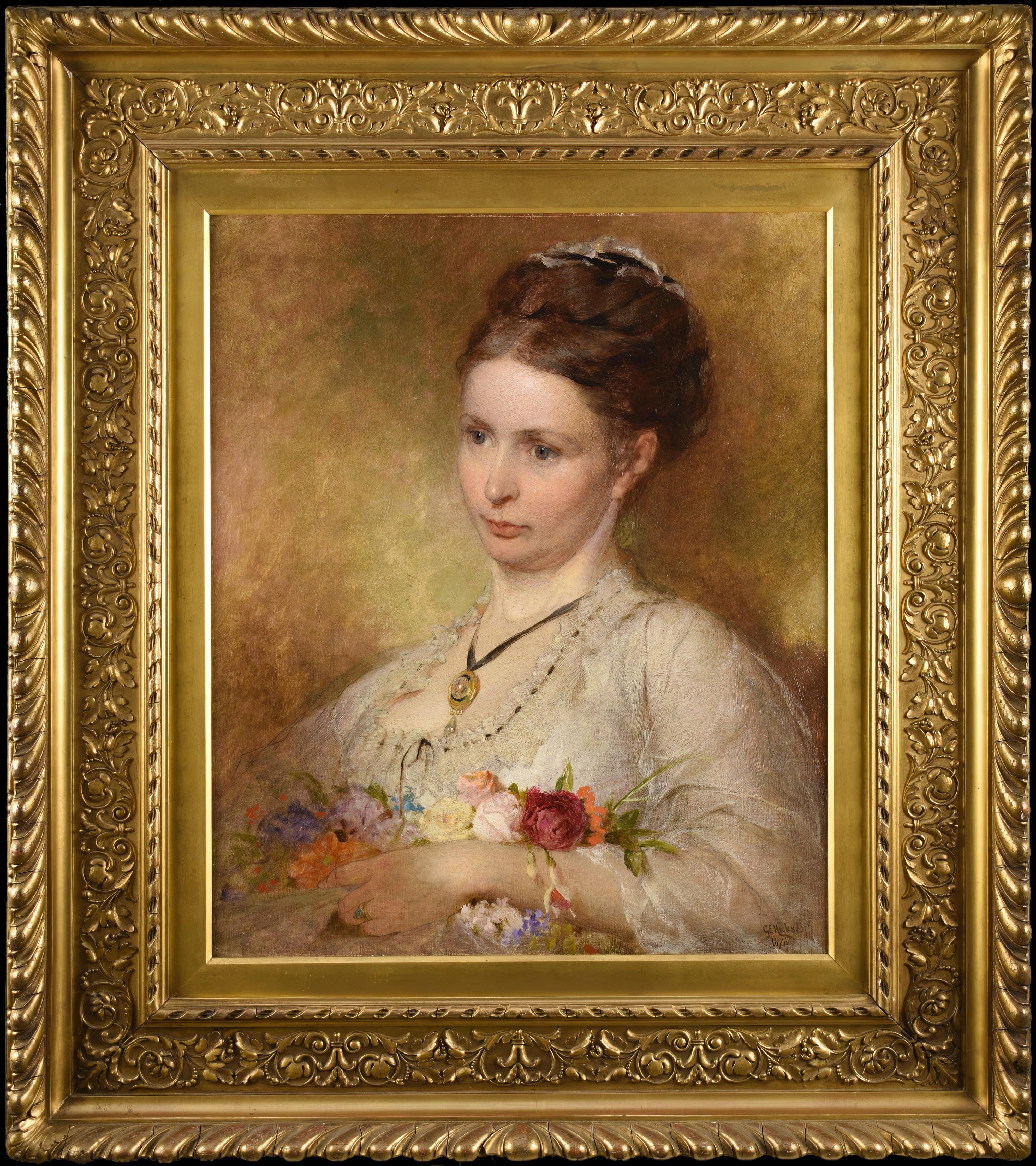 Geroge Egar Hicks Portrait Painting - English portrait of an Elegant Lady with important frame "Mrs W. Butt"