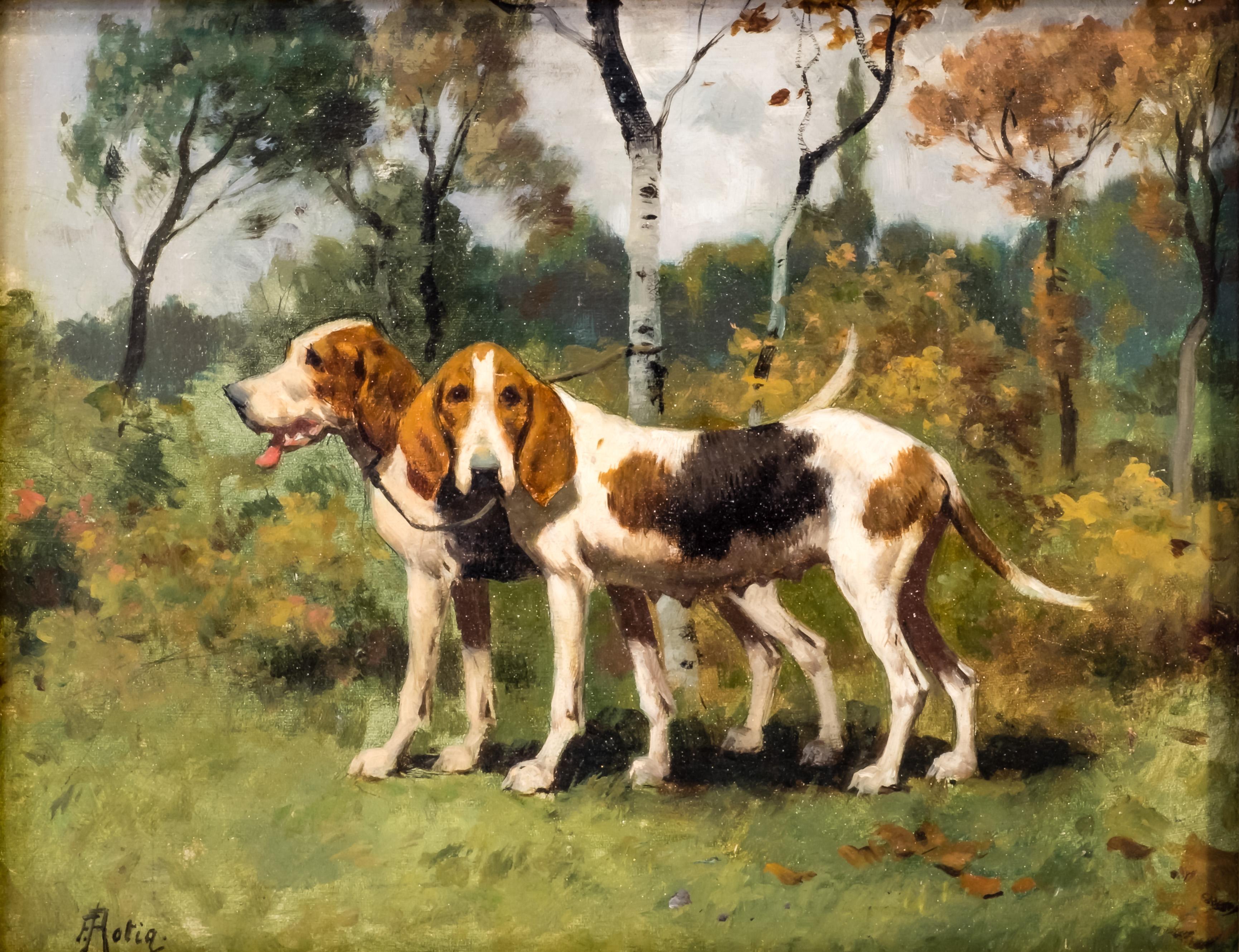 The painting depicts a scene of two hunting dogs, English pointers, in nature. This realistic painting sets the dogs in a beautiful natural setting of a late summer as the leaves of the trees in the background are partially turning