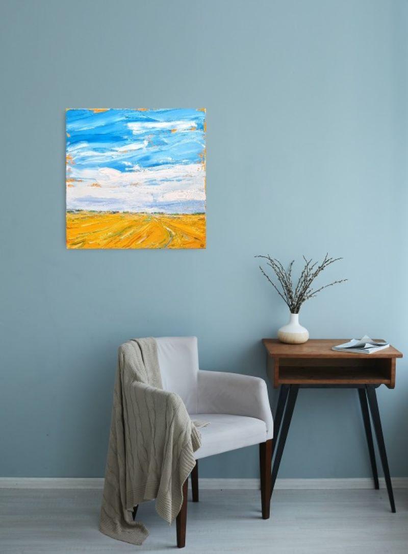 Golden Fields, original abstract painting, landscape painting, affordable art - Painting by Gerogie Dowling