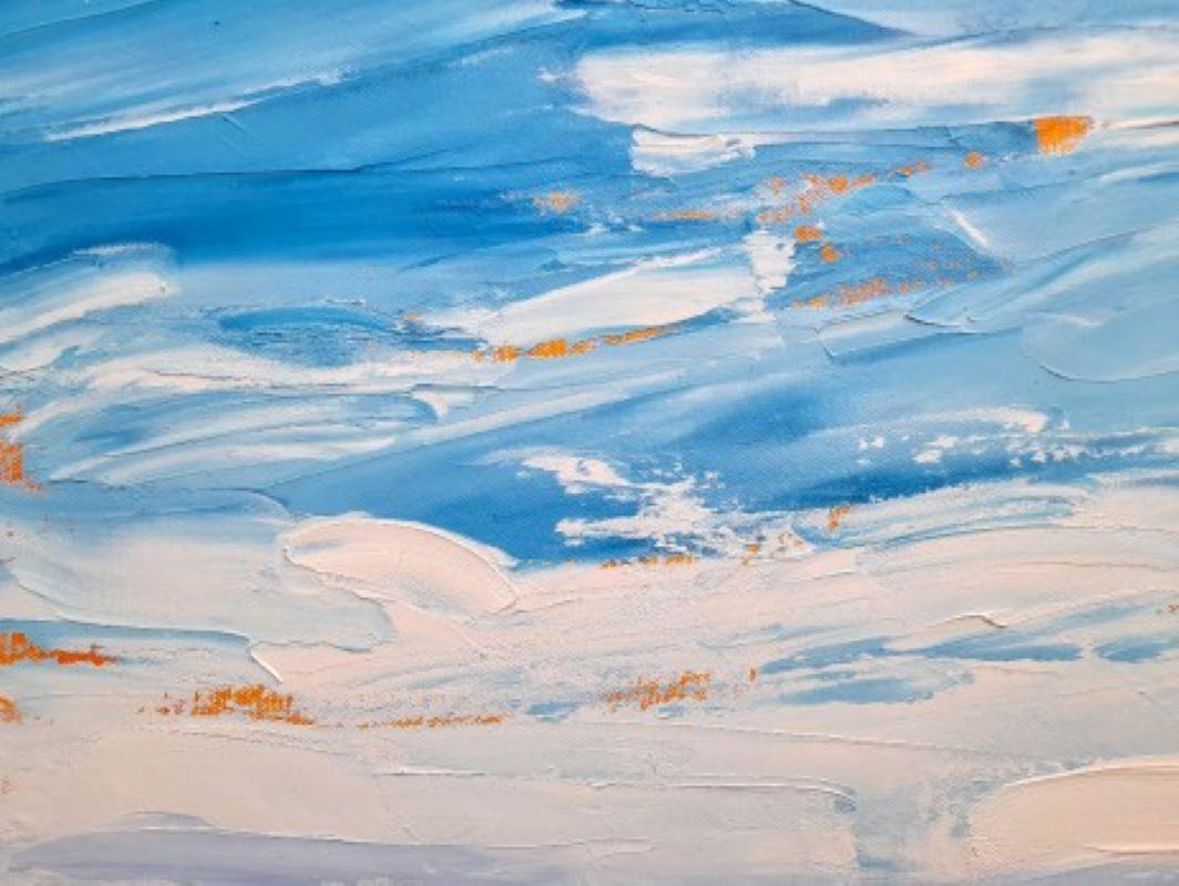 Golden Fields, original abstract painting, landscape painting, affordable art - Blue Landscape Painting by Gerogie Dowling