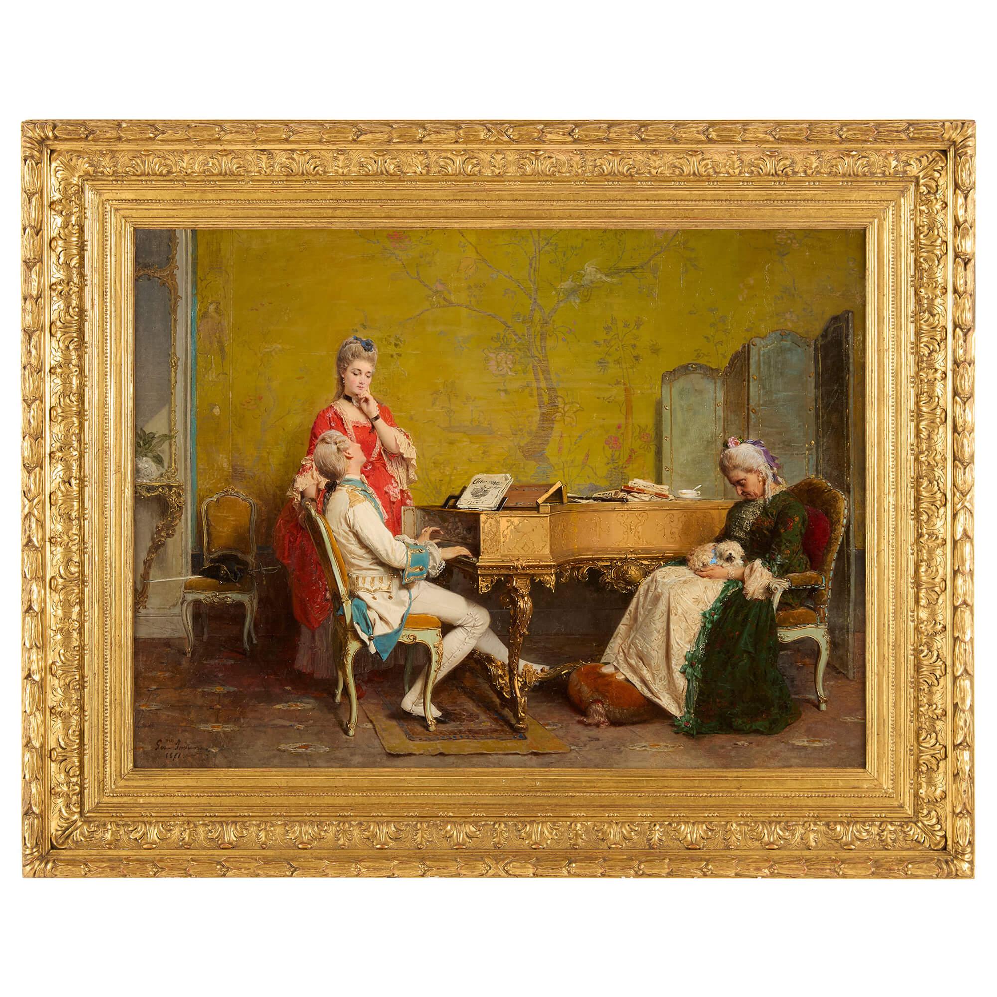 Music Lesson Italian Romanticism Neo-Rococo Oil Painting Gerolamo Induno 
Italian, 1871
Canvas: Height 64cm, width 86cm
Frame: Height 89cm, width 110cm, depth 10cm

This exceptional piece is the work of Gerolamo Induno (1825–1890), recognized as one