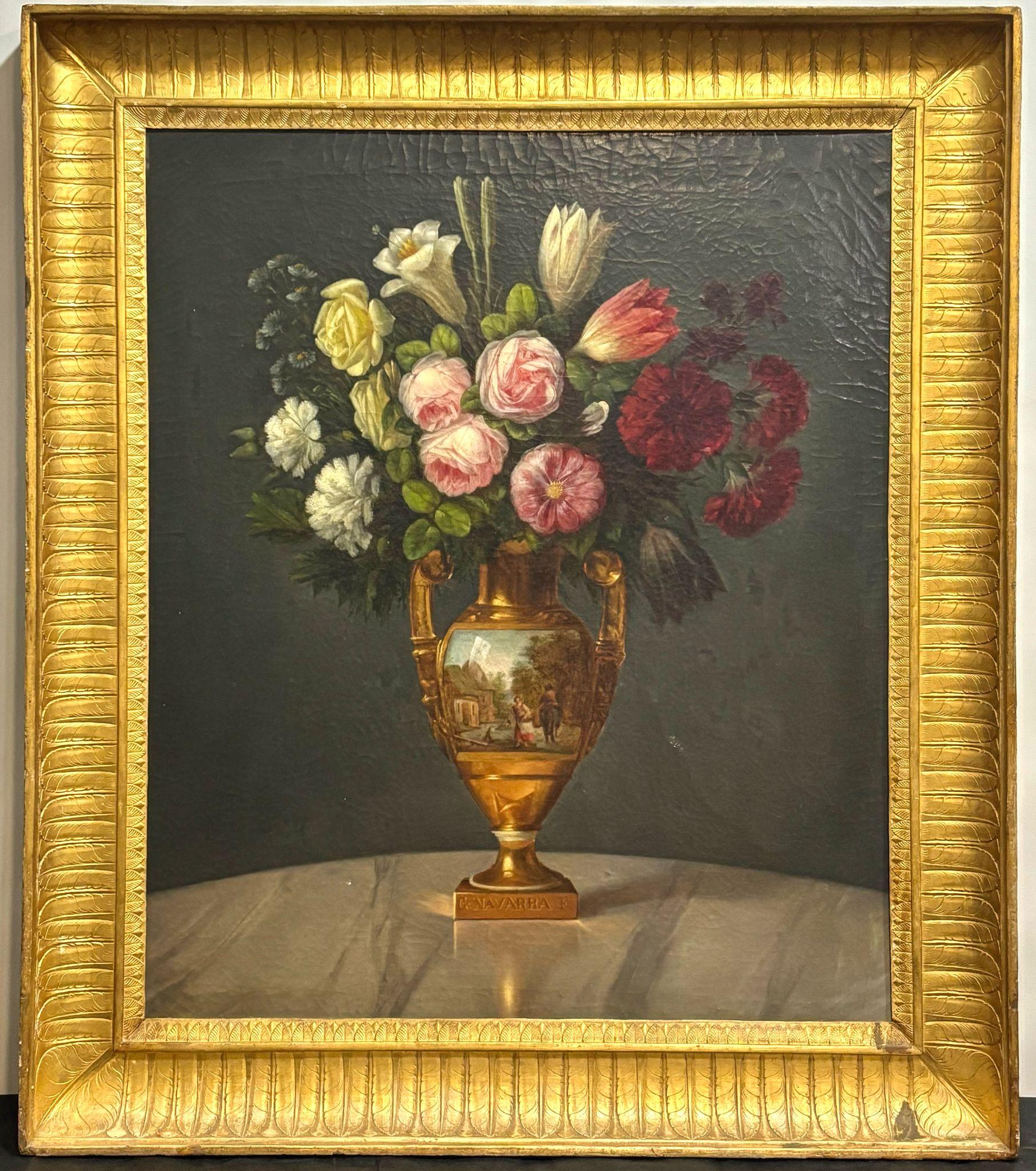 Gerolamo Navarra (Verona, 1852 - Milano,  1920)
Interesante óleo sobre lienzo de un gran jarrón de porcelana con flores.
Gran calidad. 
Firmado en la base del jarrón.
Va con importante marco de madera dorada, de estilo imperio, es el original de la