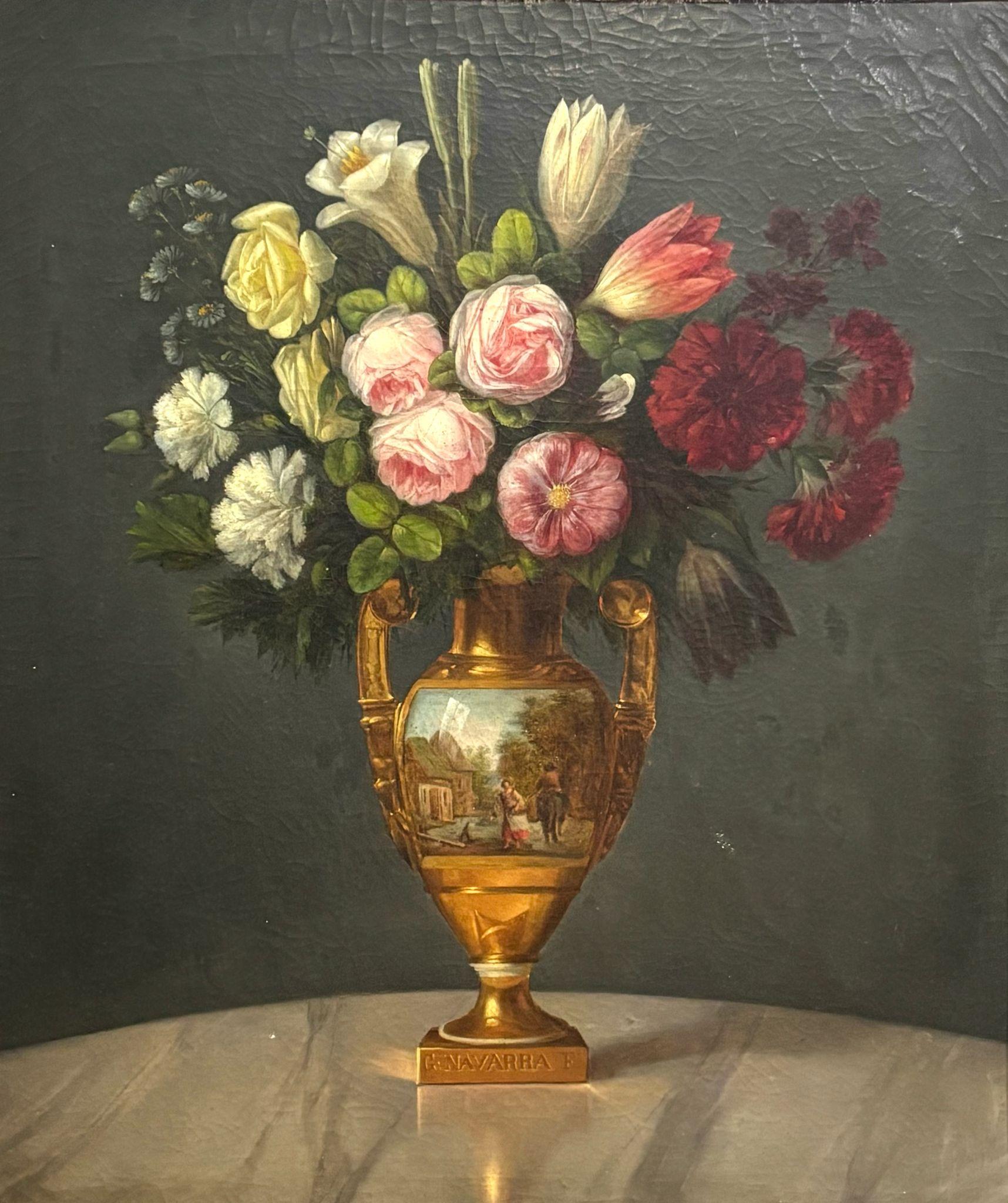 Gran Jarrón con Flores - óleo lienzo - Siglo XIX - Painting by Gerolamo Navarra (Verona,1852 - Napoli, 1920)