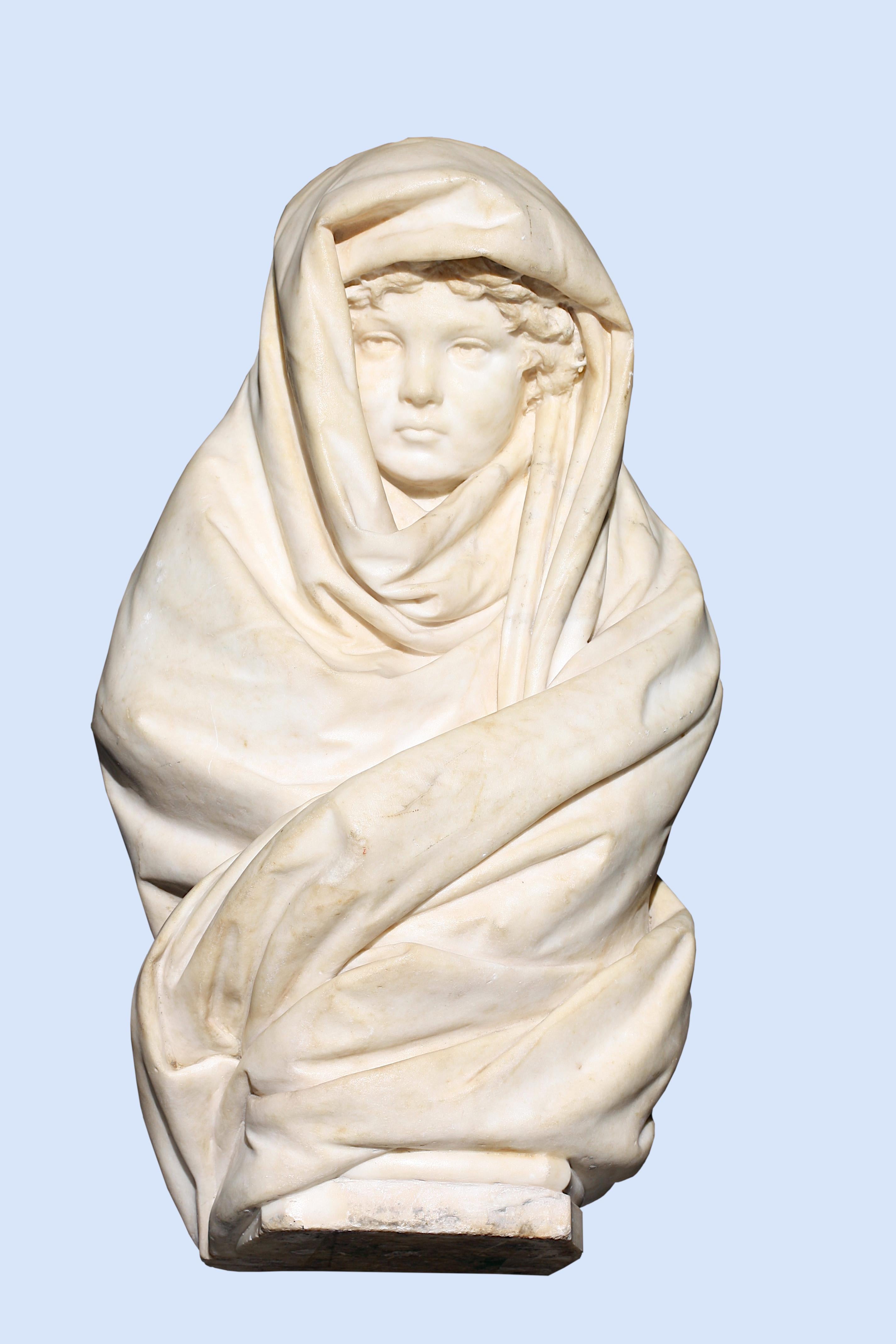 Gerolamo OLDOFREDI (acte.1864-1883) Buste en marbre italien d'une jeune fille Bon état - En vente à West Palm Beach, FL