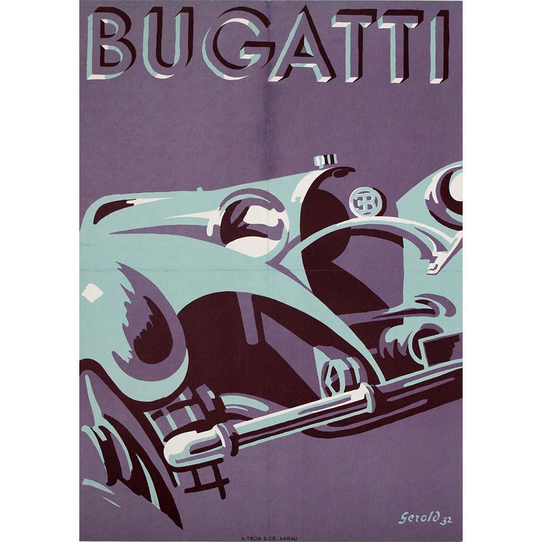 Gerold Hunziker Print - 1932 original art deco poster by Gerold for Bugatti automobile