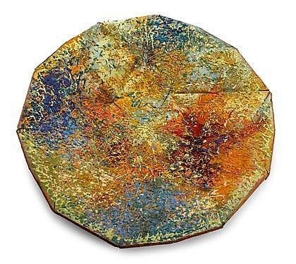 UNTITLED FROM "DOME SERIES" (it is about 10 inches deep)
Oil and mixed media assemblage on joined canvas panels over a geodesic dome. (He collaborated with Buckminster Fuller)

10 x 60 x 60 in. (25.4 x 152.4 x 152.4cm) 
provenance: 
The artist.