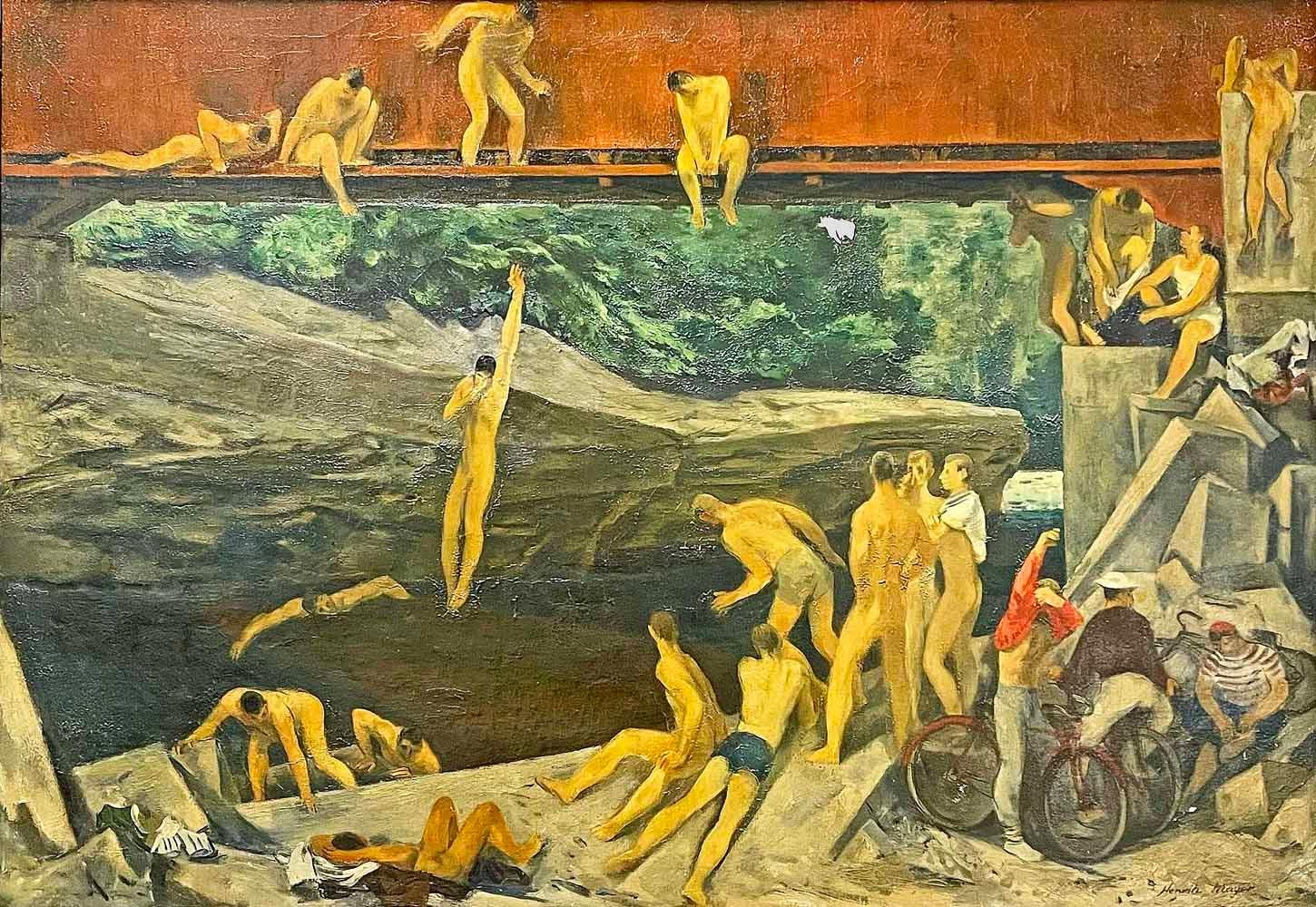 Large and striking, this ambitious scene of a swimming hole teeming with young men, largely nude and unselfconscious, who are enjoying the cooling effect of a rocky refuge and deep water on a hot day, was painted by Henrik Mayer in 1944. The twenty