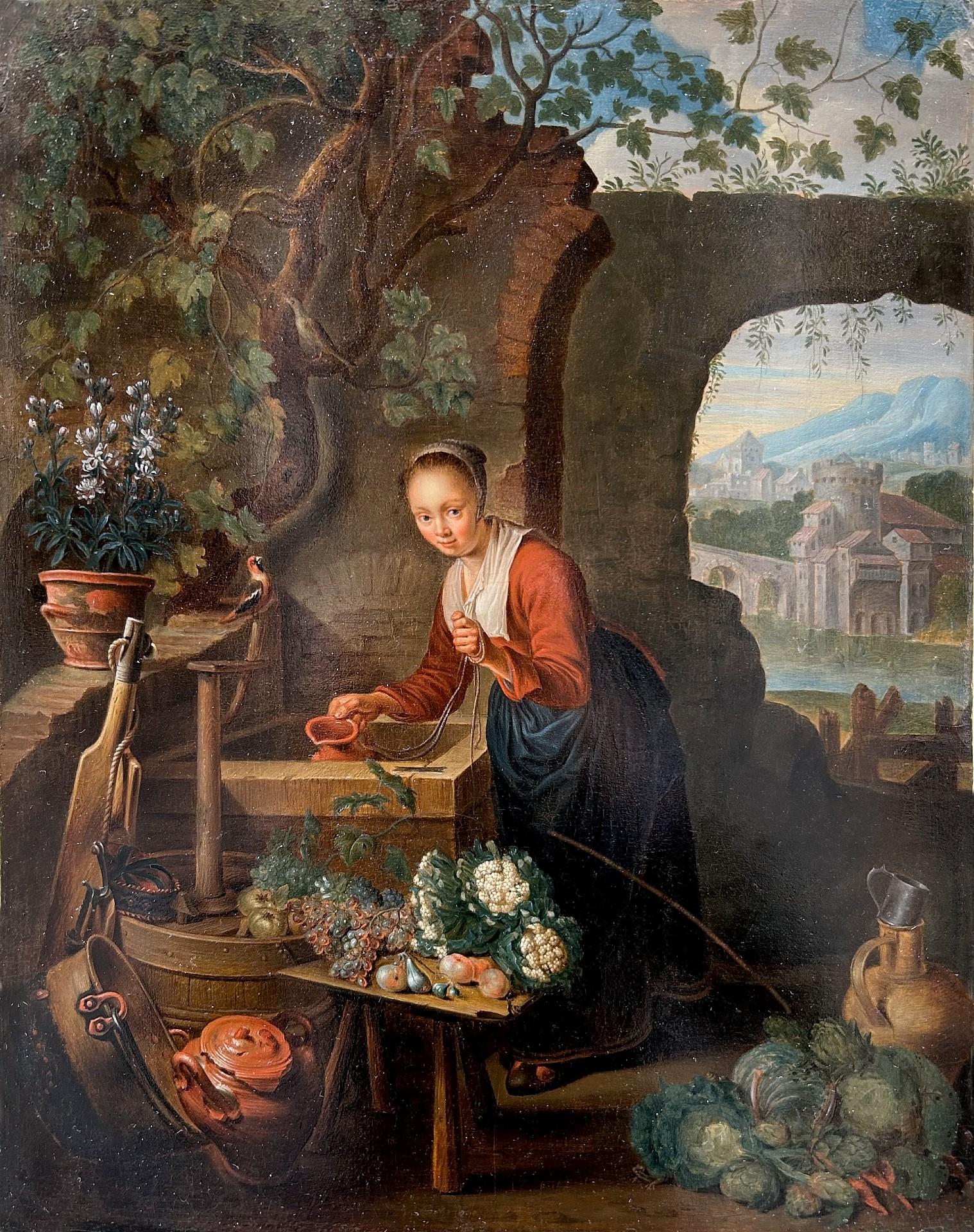 A Young Woman Drawing Water From A Well  Oil Oak Panel - Painting by Gerrit Dou